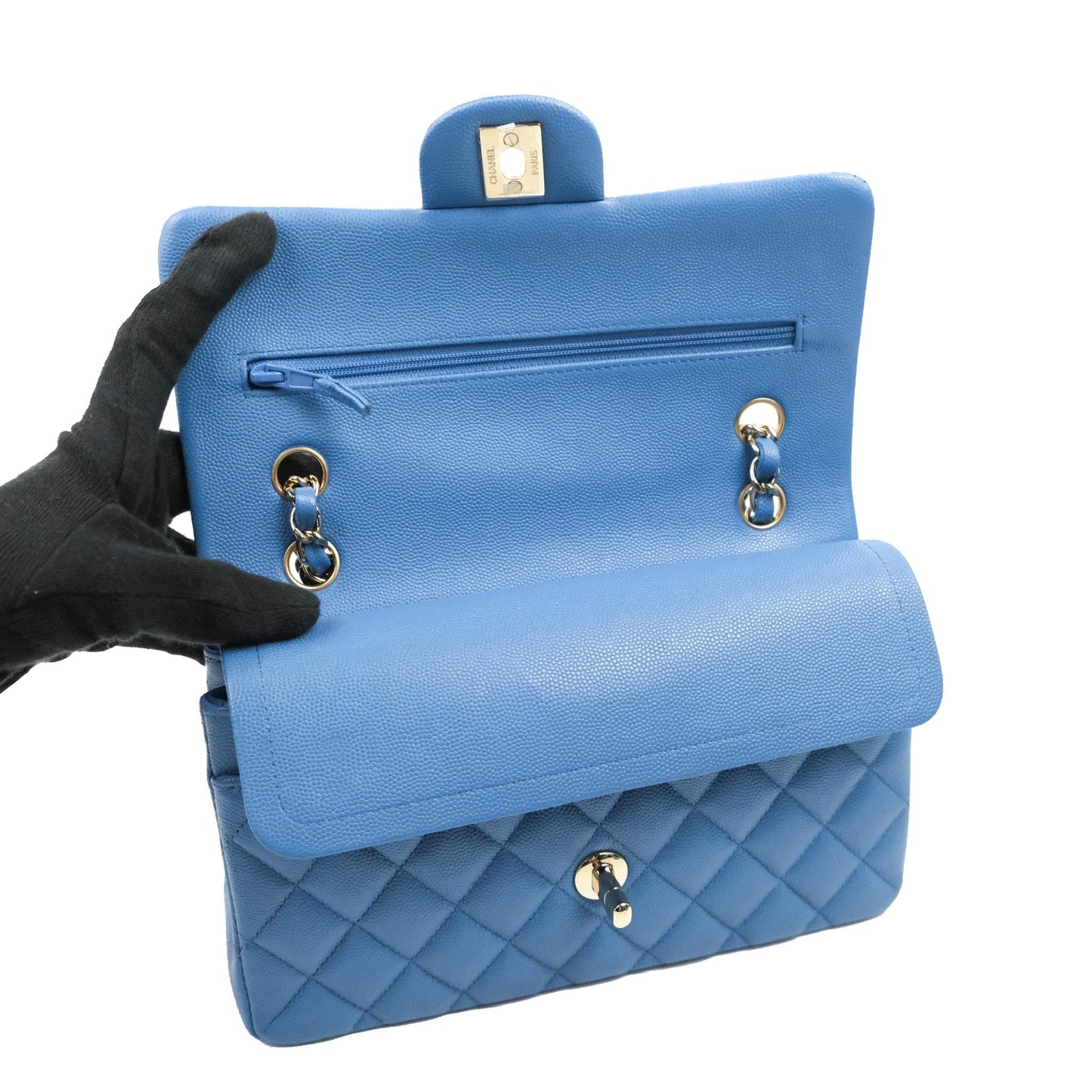 Chanel Small Classic Quilted Flap Blue Caviar Gold Hardware