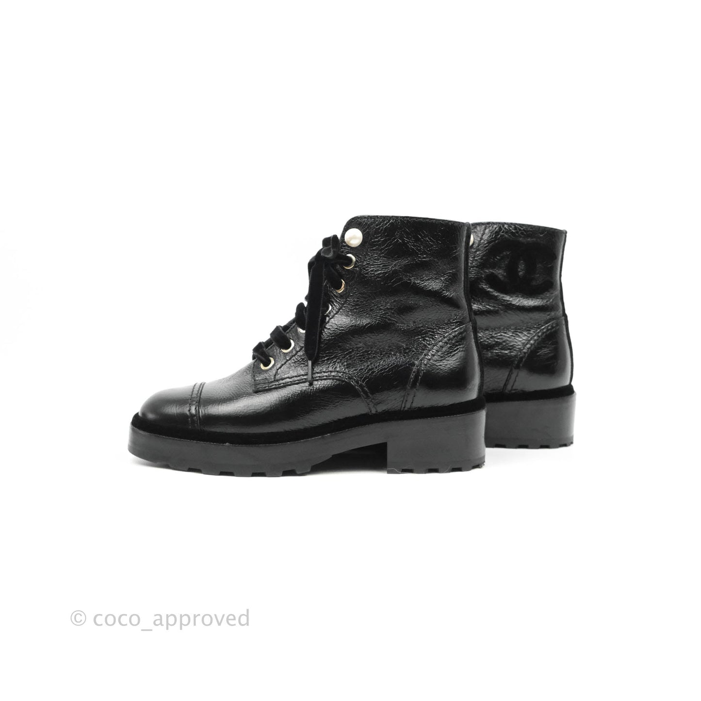 Chanel CC Pearl Crumpled Glazed Black Calfskin Combat Boots with Velvet Laces