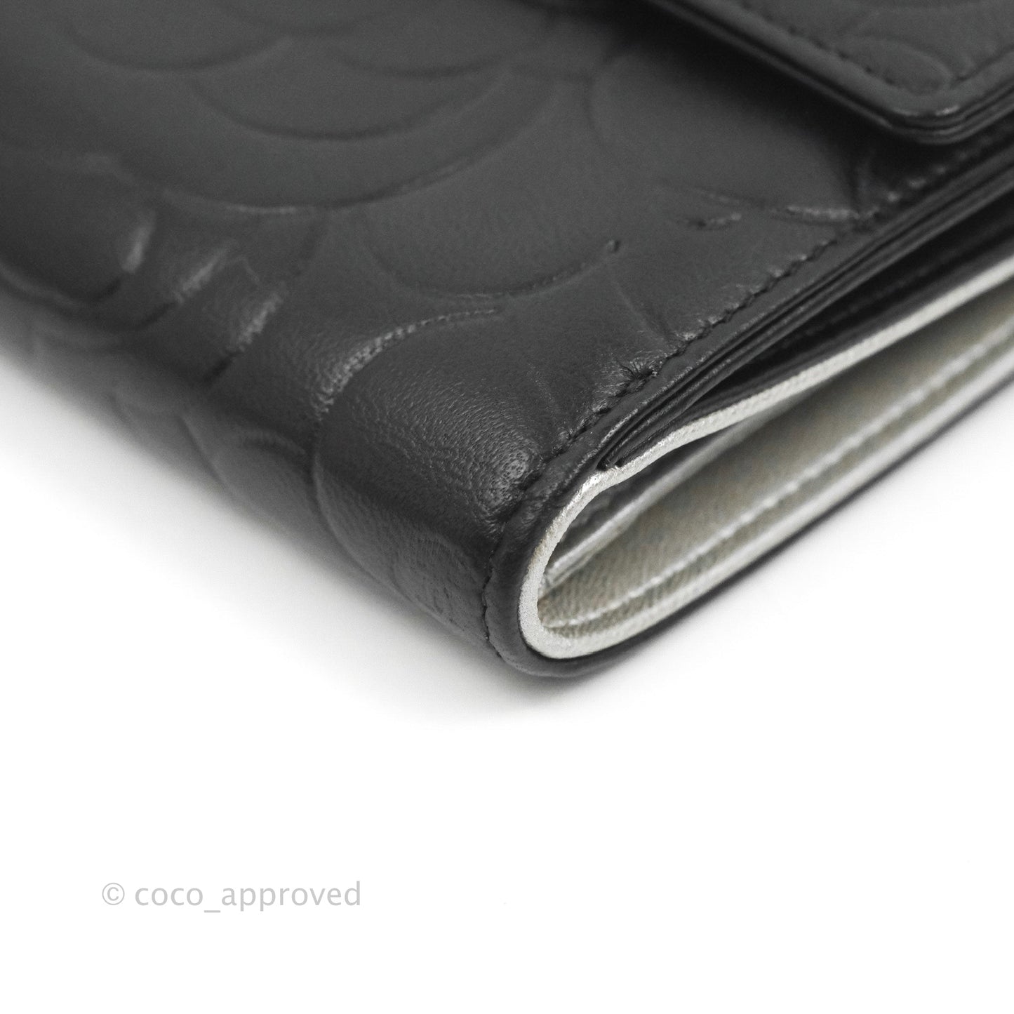 Chanel Camellia Embossed Tri-fold Short Wallet Black Lambskin Silver Hardware