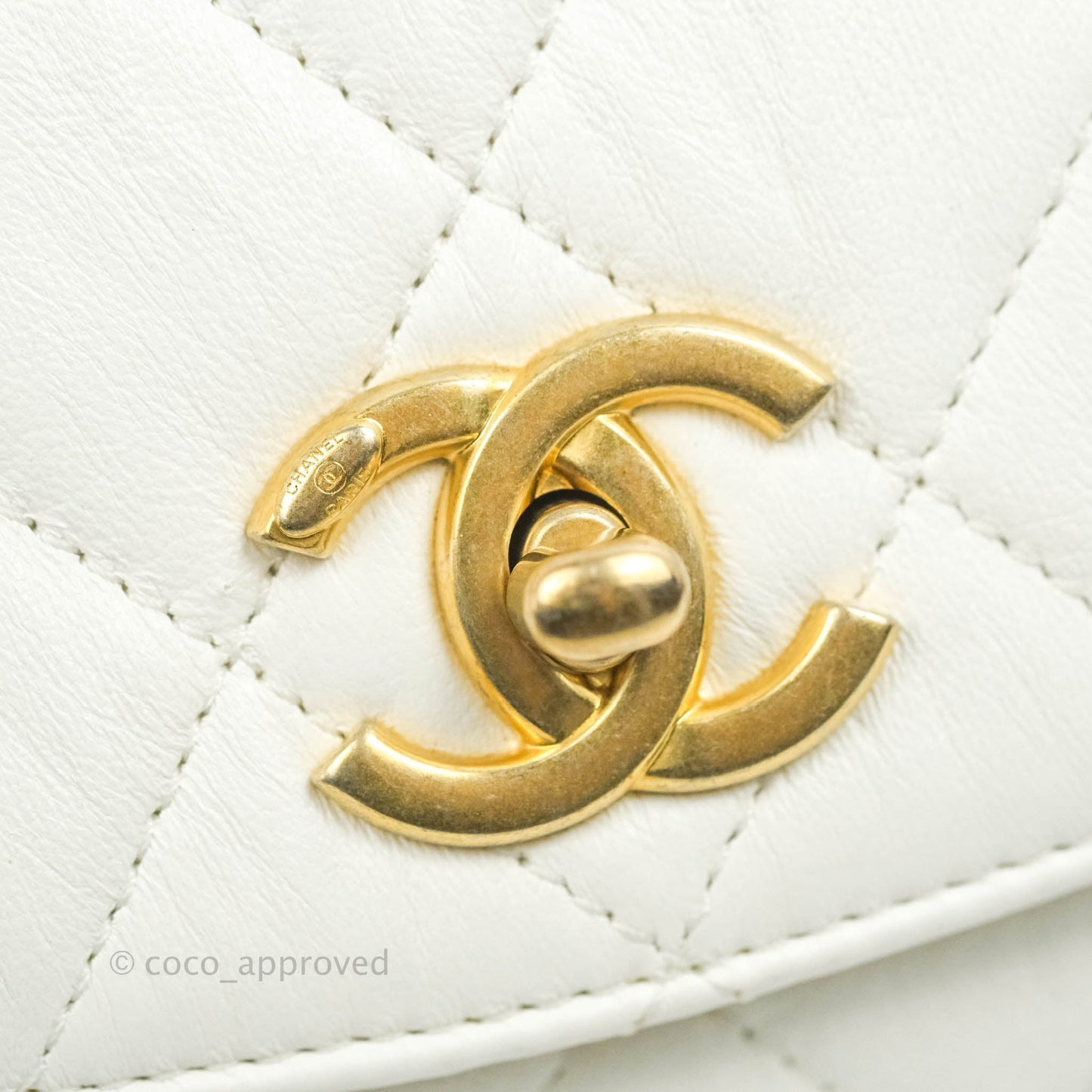 Chanel Quilted CC Top Handle Flap White Calfskin Aged Gold Hardware