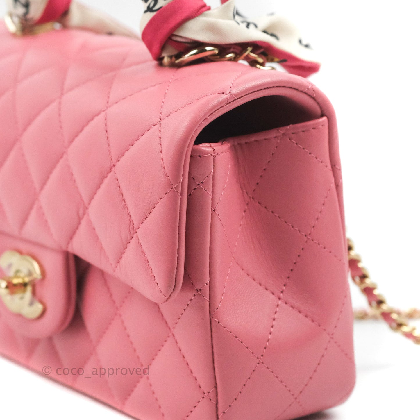 Chanel Top Handle Mini Rectangular Flap Bag Pink Lambskin Gold Hardware With Twilly