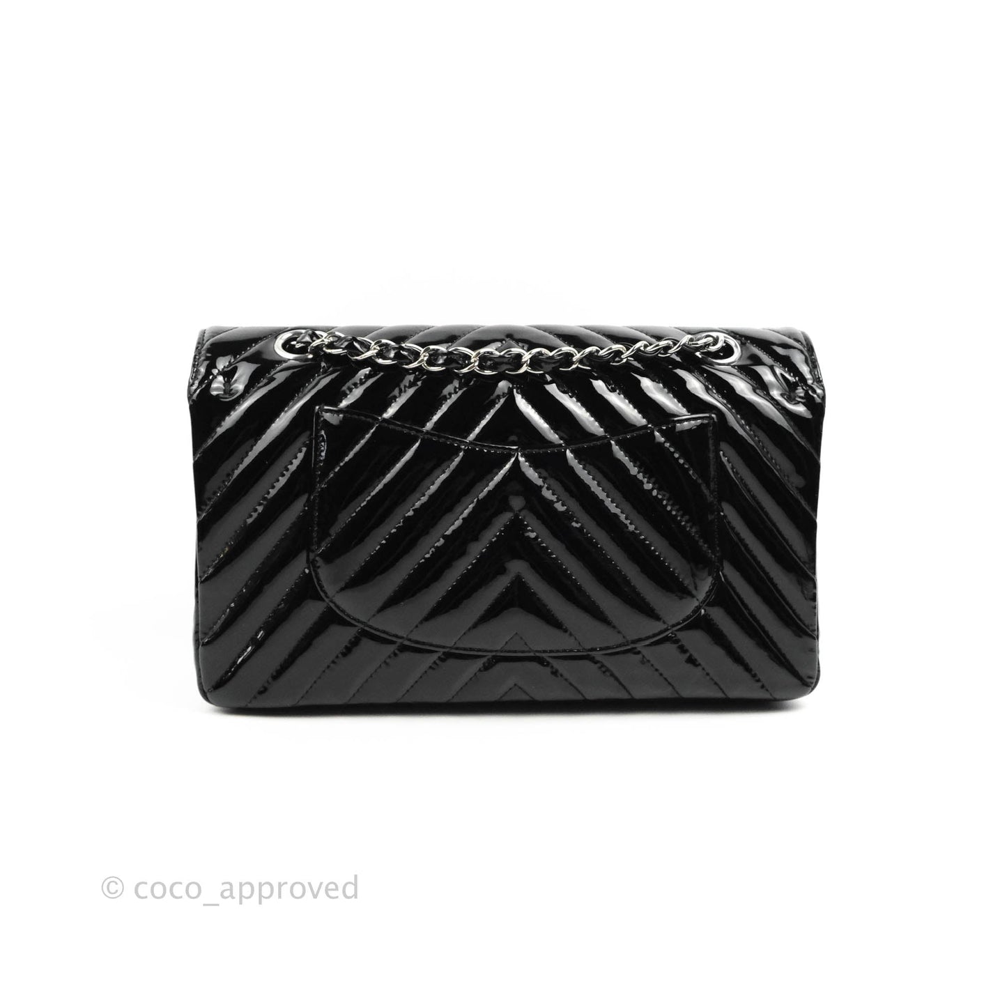 Chanel Classic M/L Medium Chevron Double Flap Black Patent Silver Hardware