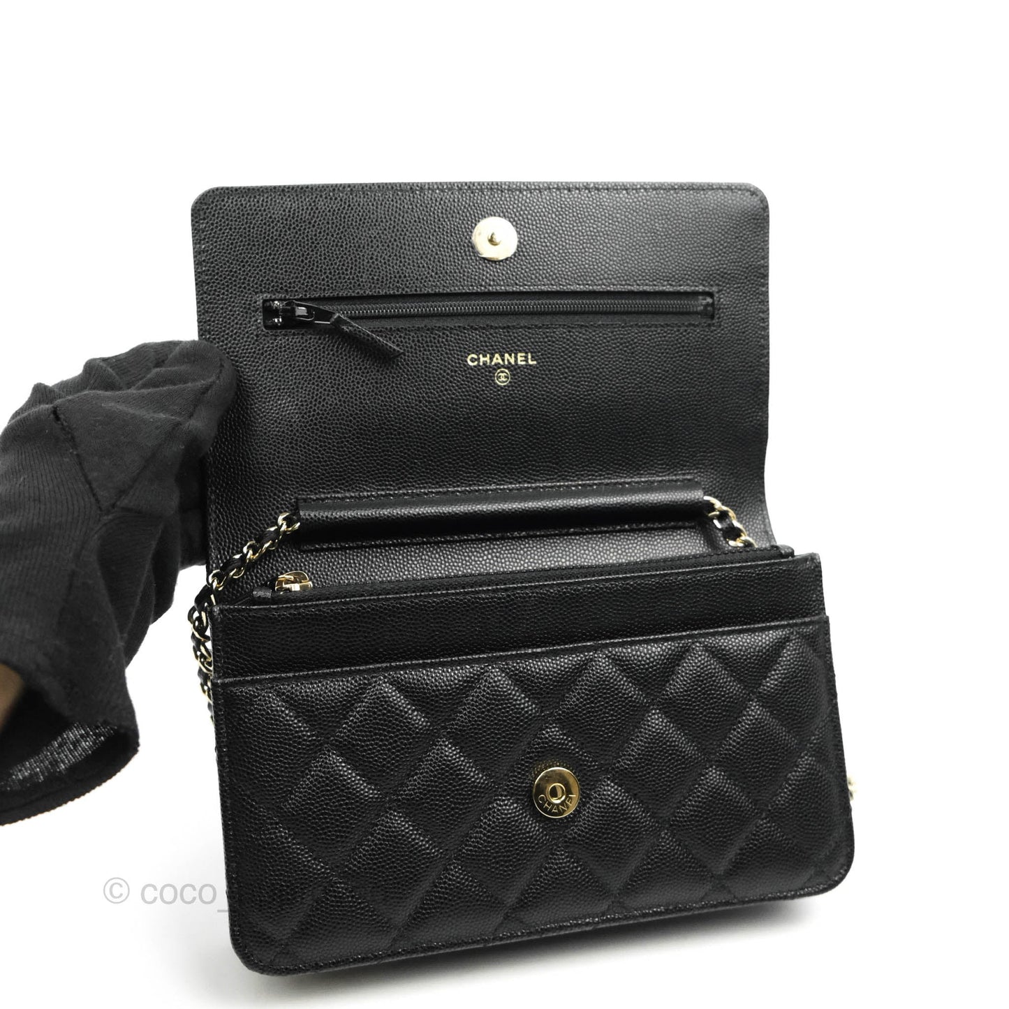 Chanel Quilted WOC Black Caviar Gold Hardware With Charms
