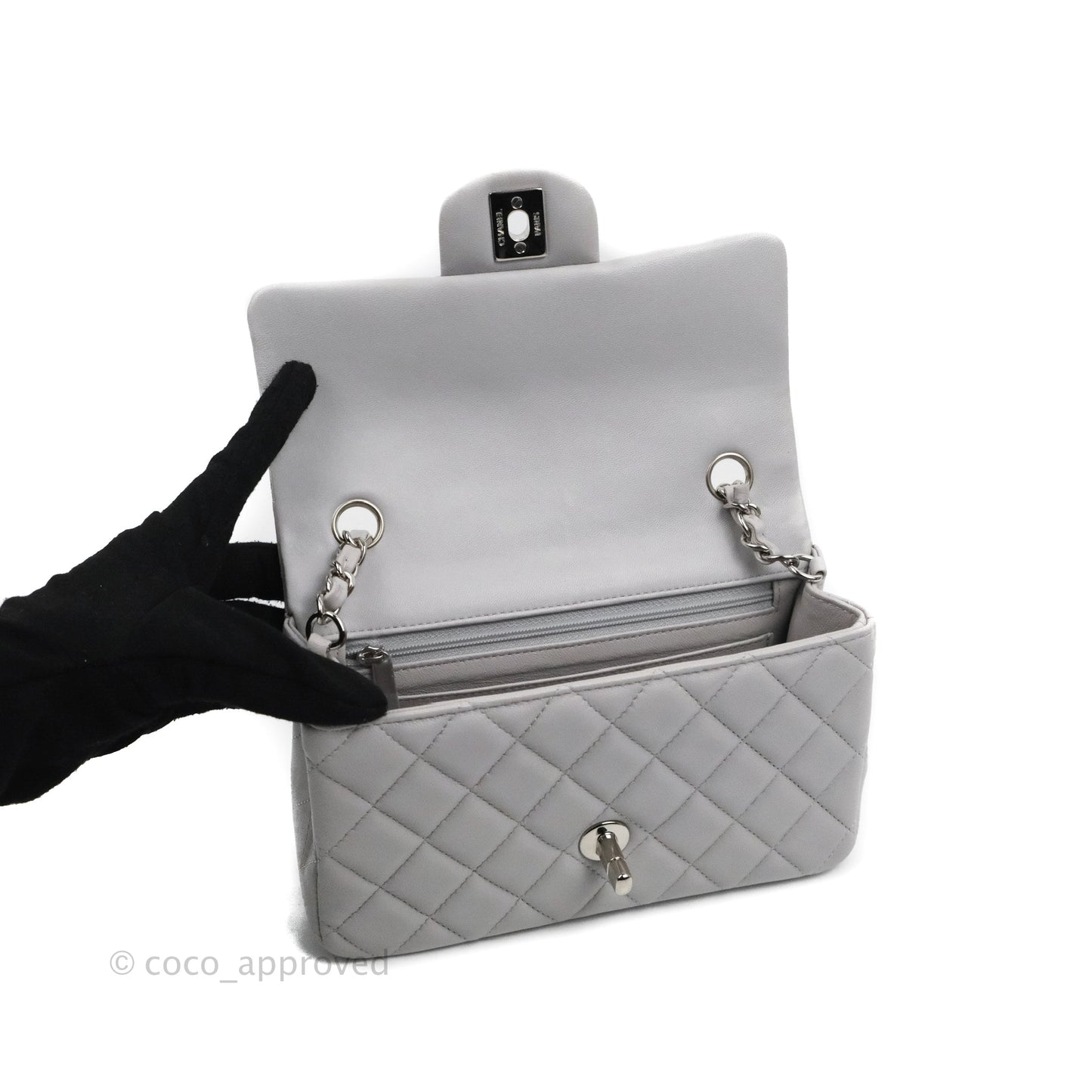 Chanel Quilted Mini Rectangular Flap Light Grey Lambskin Silver Hardware