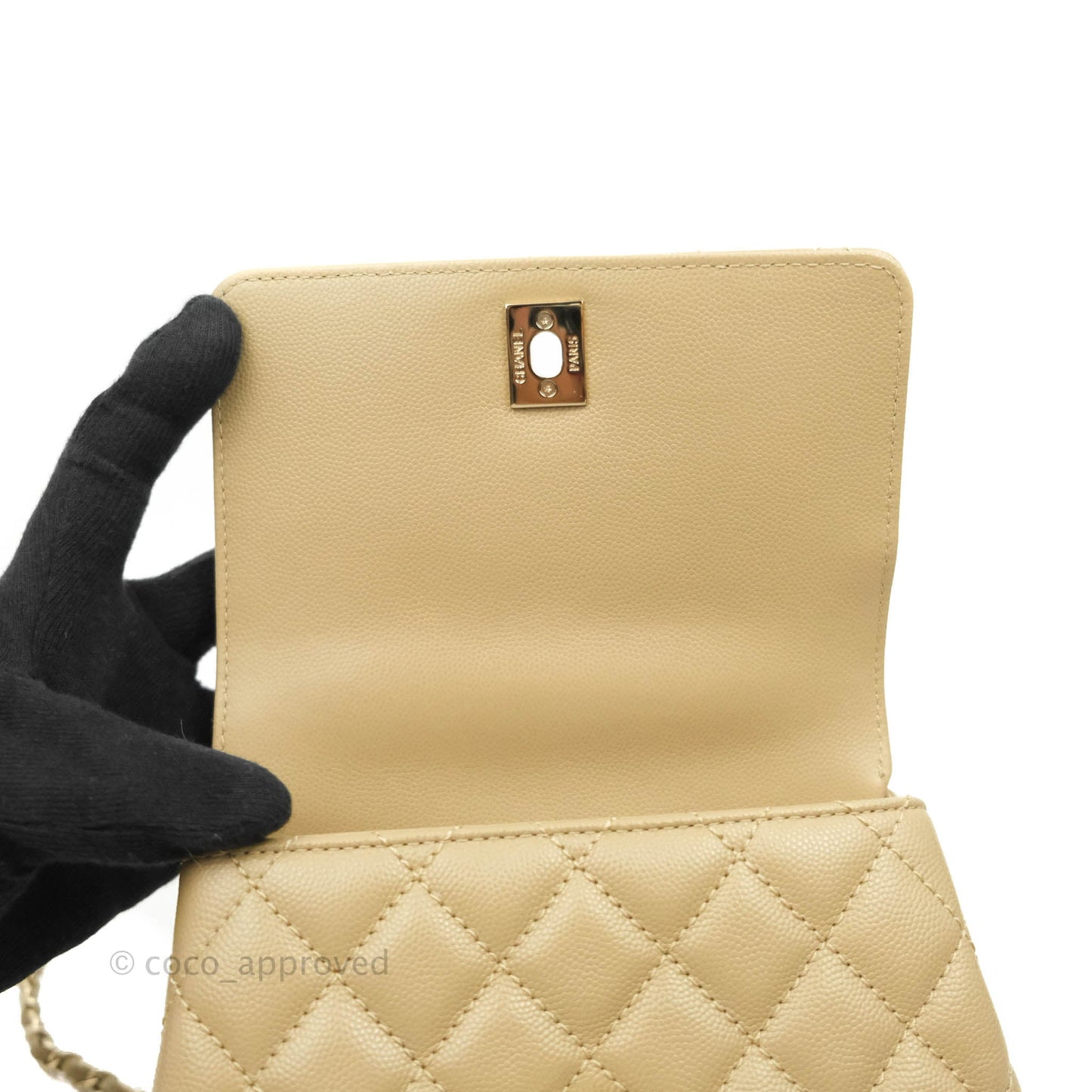 Chanel Mini Beige Coco Handle Quilted Caviar Gold Hardware Embossed Lizard Handle 21A