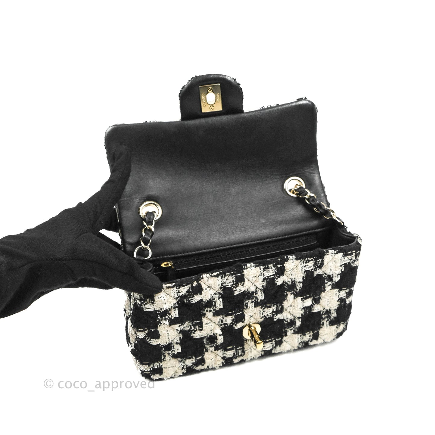 Chanel Quilted Mini Rectangular Flap Tweed Houndstooth Black & White Gold Hardware