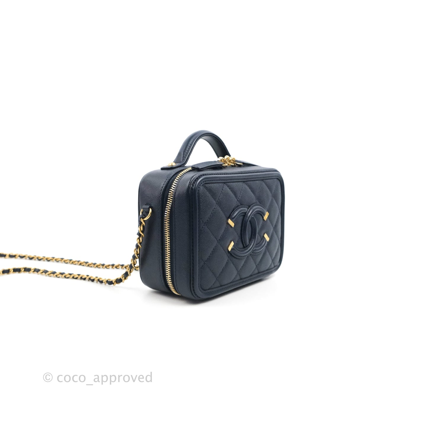 Chanel Quilted Small CC Filigree Vanity Case Navy Caviar Gold Hardware
