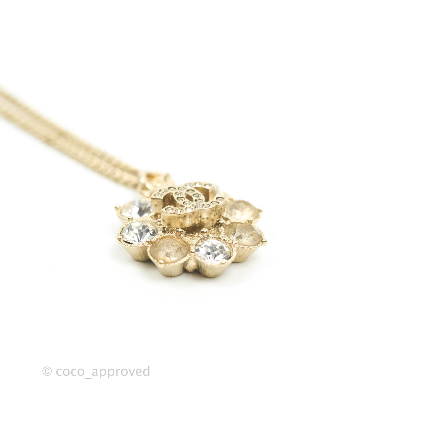 Chanel Crystal Flower CC Pendant Necklace Gold