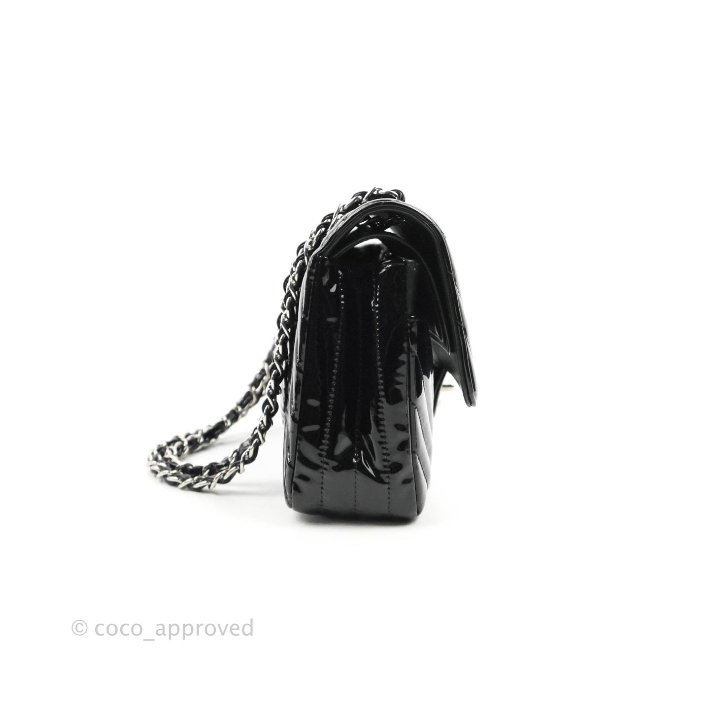 Chanel Classic M/L Medium Chevron Double Flap Black Patent Silver Hardware