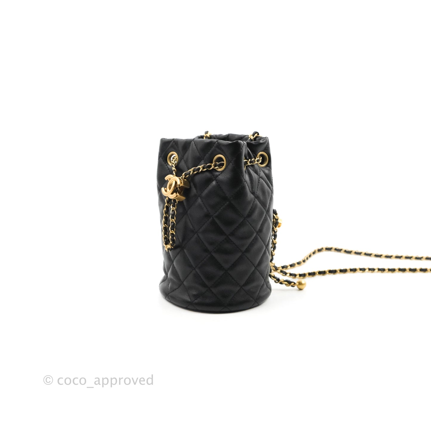 Chanel Pearl Crush Bucket Bag Black Lambskin Aged Gold Hardware 22S