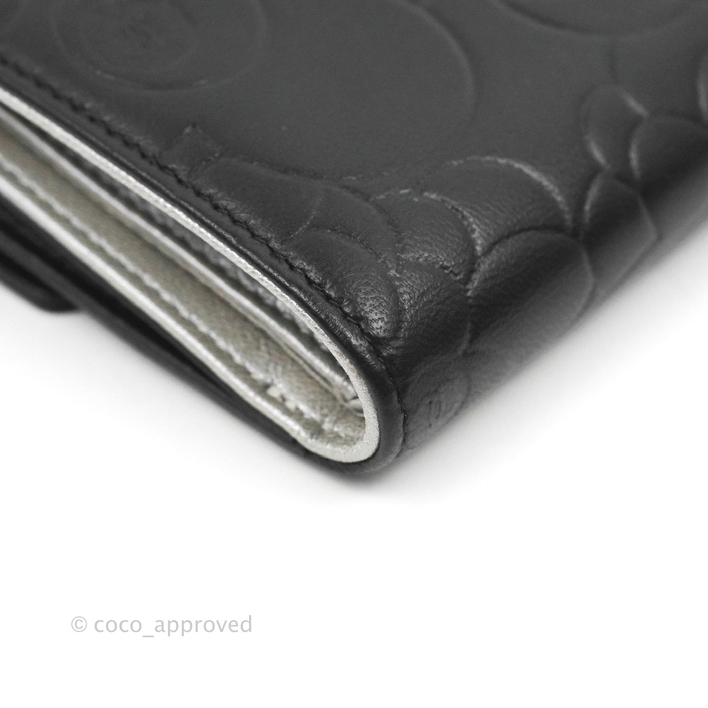 Chanel Camellia Embossed Tri-fold Short Wallet Black Lambskin Silver Hardware