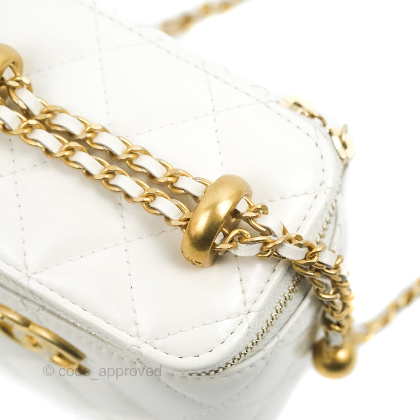 Chanel Quilted Mini Perfect Fit Vanity With Chain White Calfskin Aged Gold Hardware