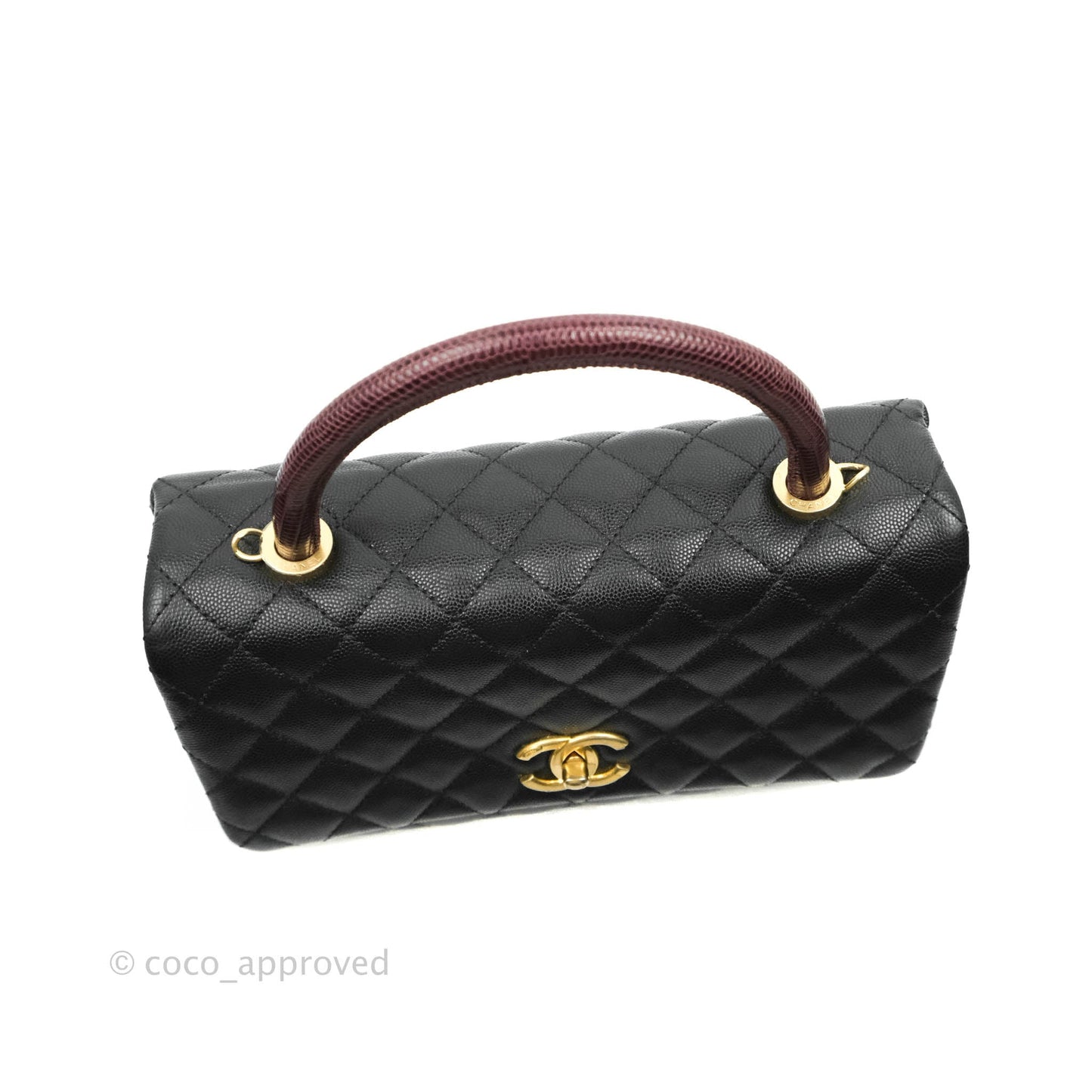 Chanel Medium Coco Handle Quilted Black Caviar Lizard Handle Gold Hardware