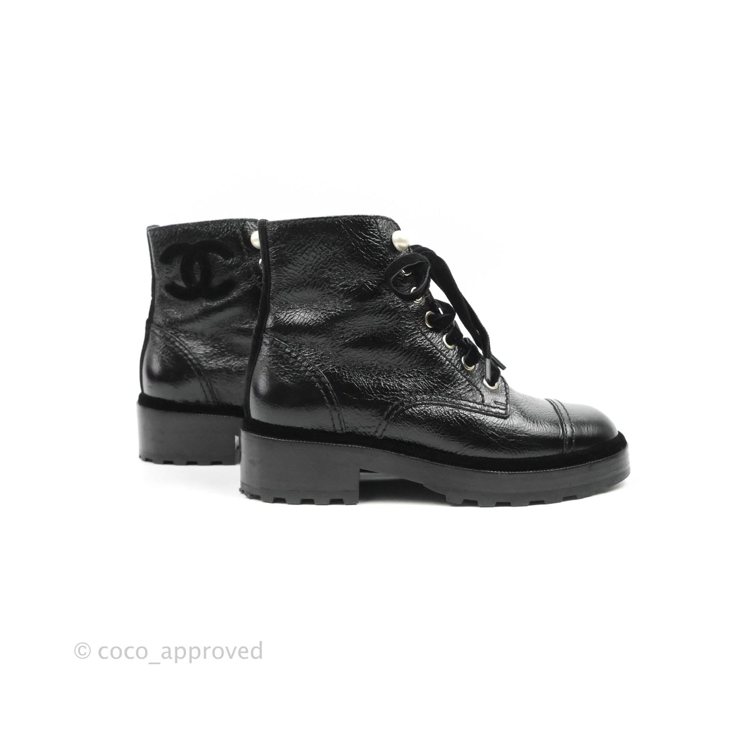 Chanel CC Pearl Crumpled Glazed Black Calfskin Combat Boots with Velvet Laces