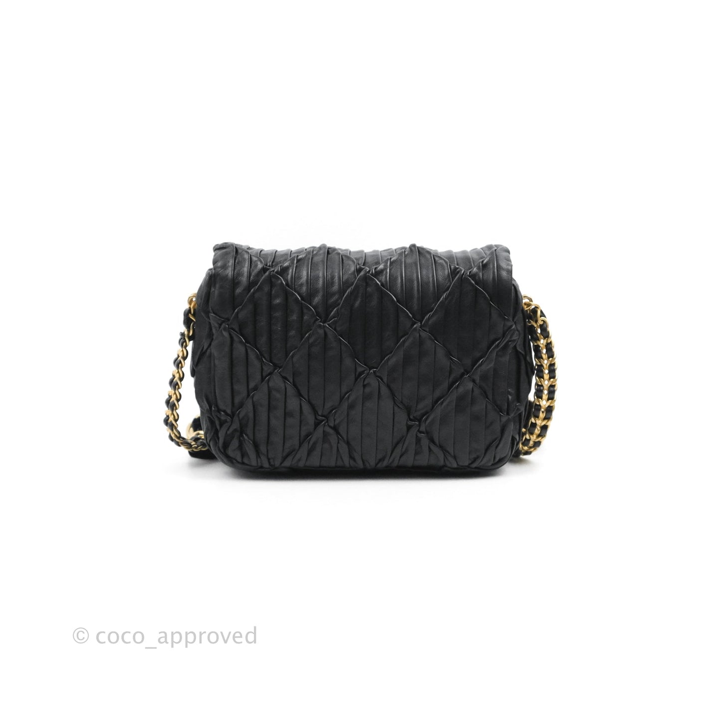 Chanel Small Coin Charm Flap Velvet Strap Black Lambskin Aged Gold Hardware