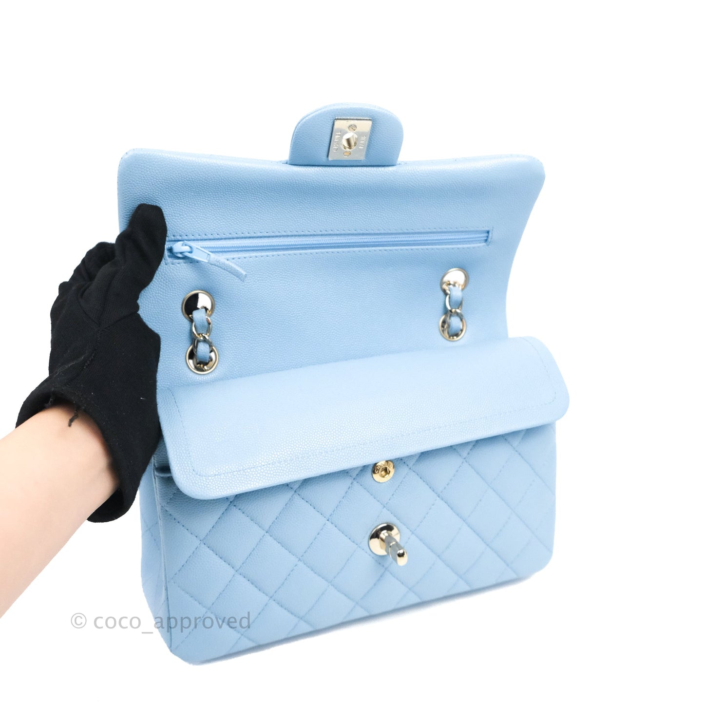 Chanel Small Classic Quilted Flap Light Blue Caviar Gold Hardware