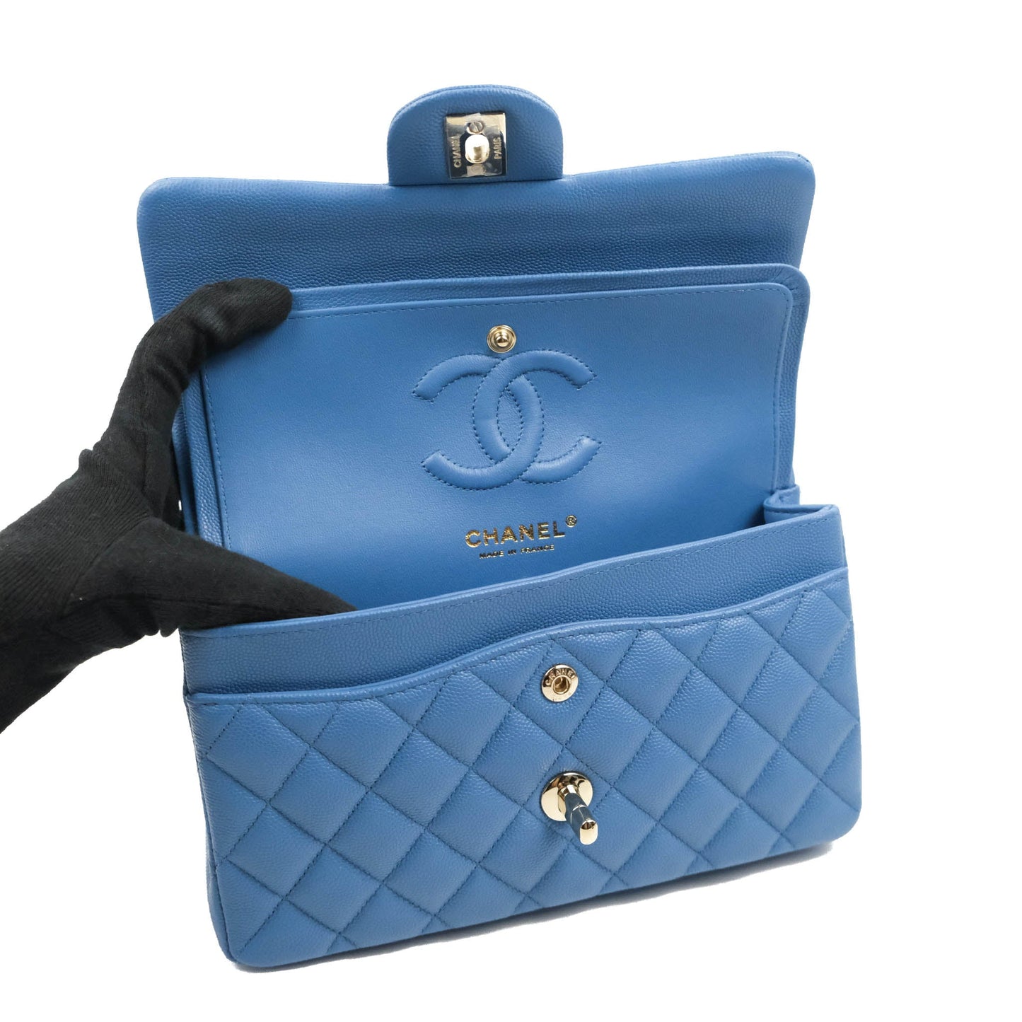 Chanel Small Classic Quilted Flap Blue Caviar Gold Hardware