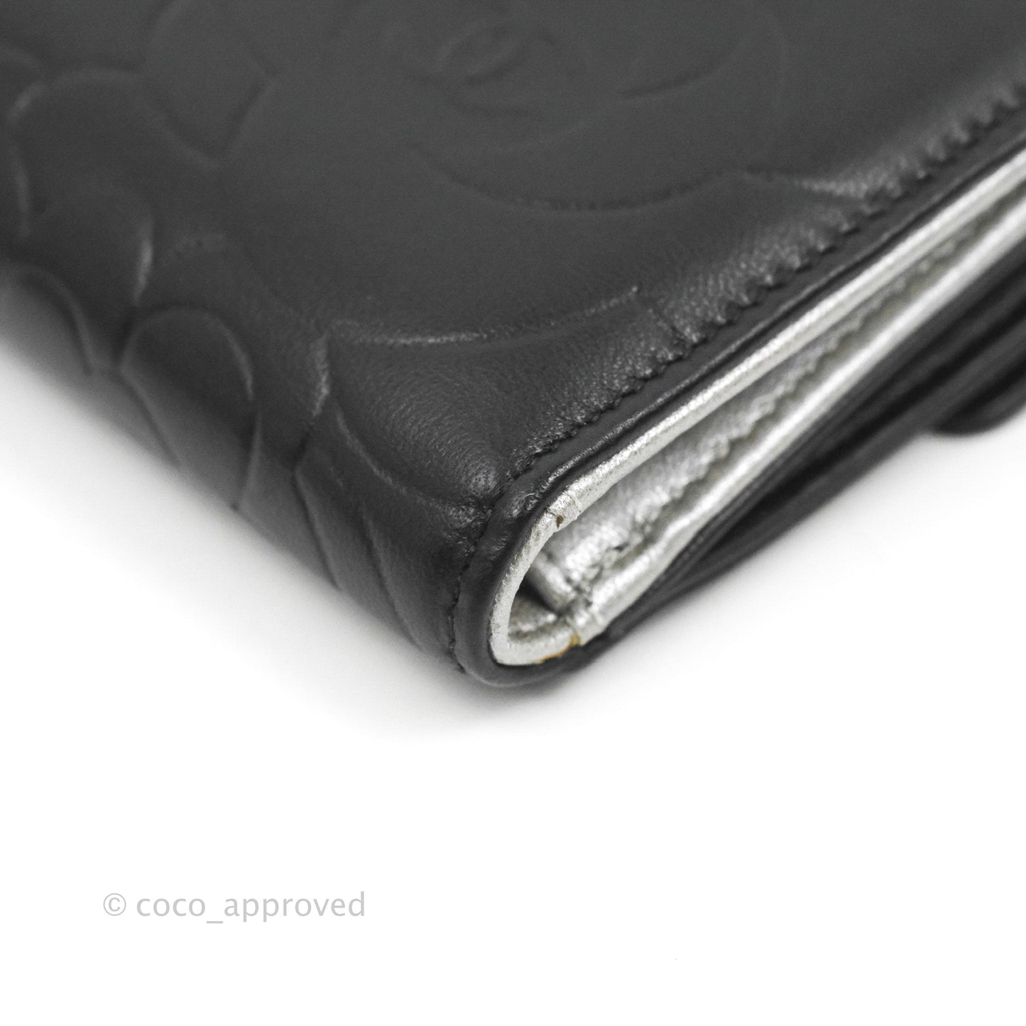 Chanel Camellia Embossed Tri-fold Short Wallet Black Lambskin Silver Hardware