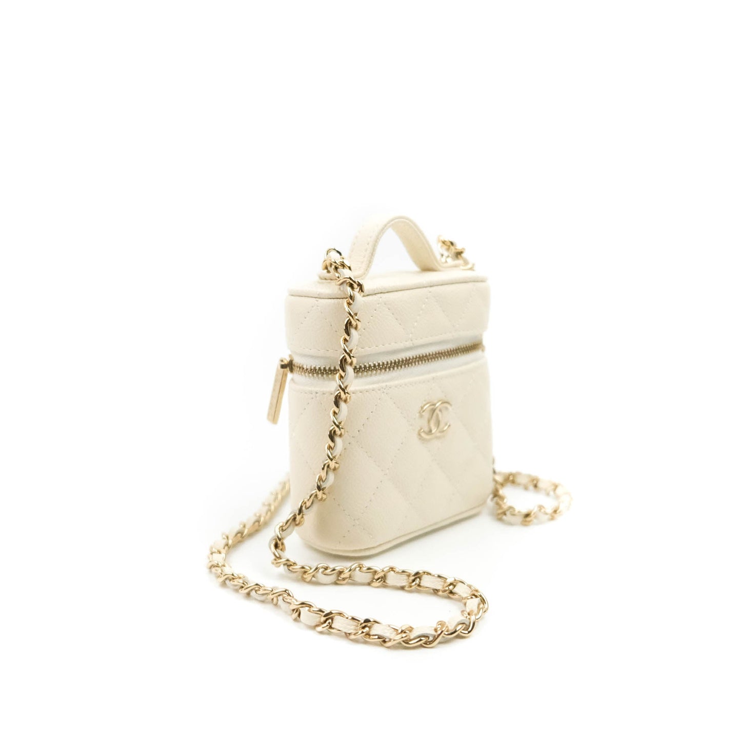 Chanel Quilted Small Handle With Care Vanity Case With Chain White Caviar Gold Hardware