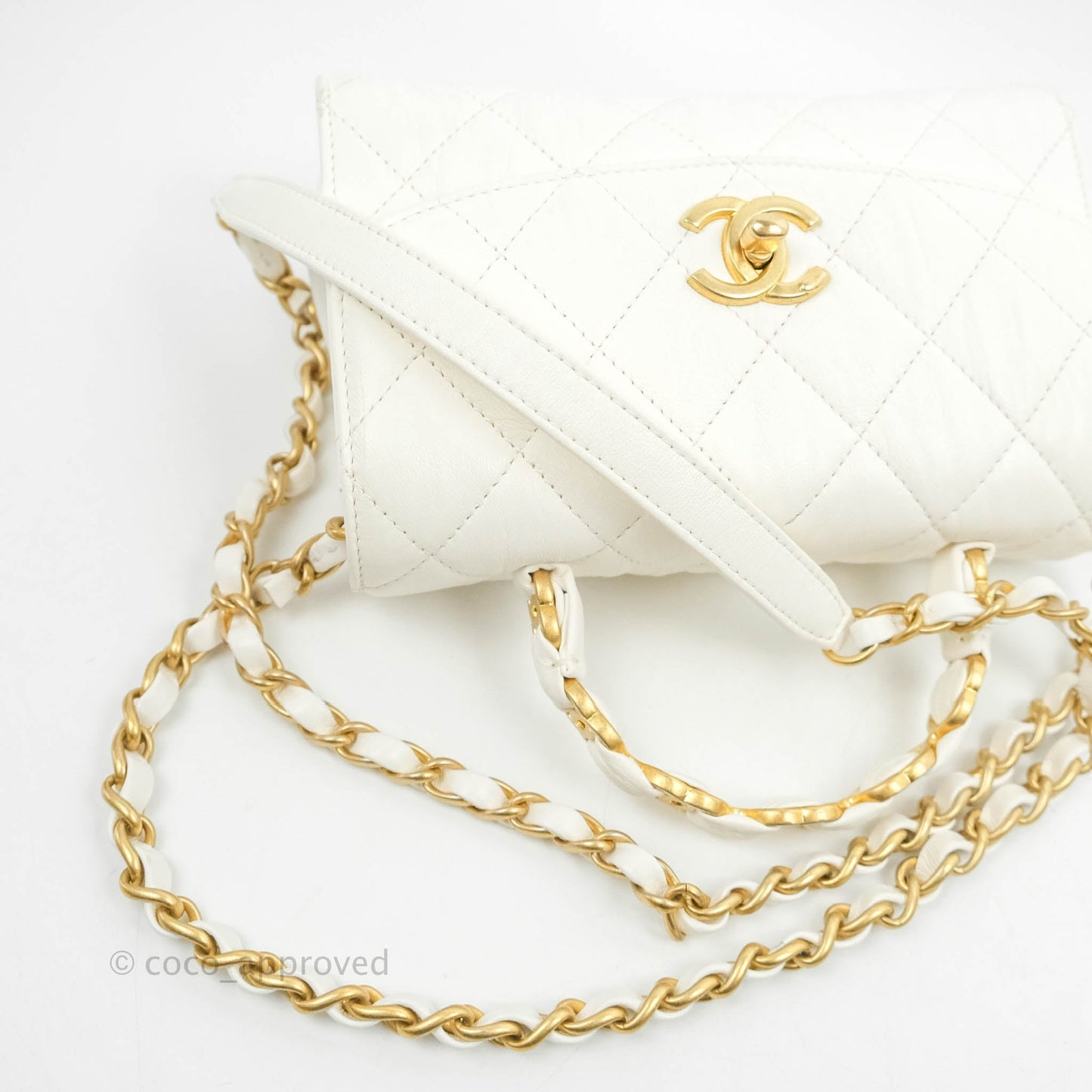 Chanel Quilted CC Top Handle Flap White Calfskin Aged Gold Hardware