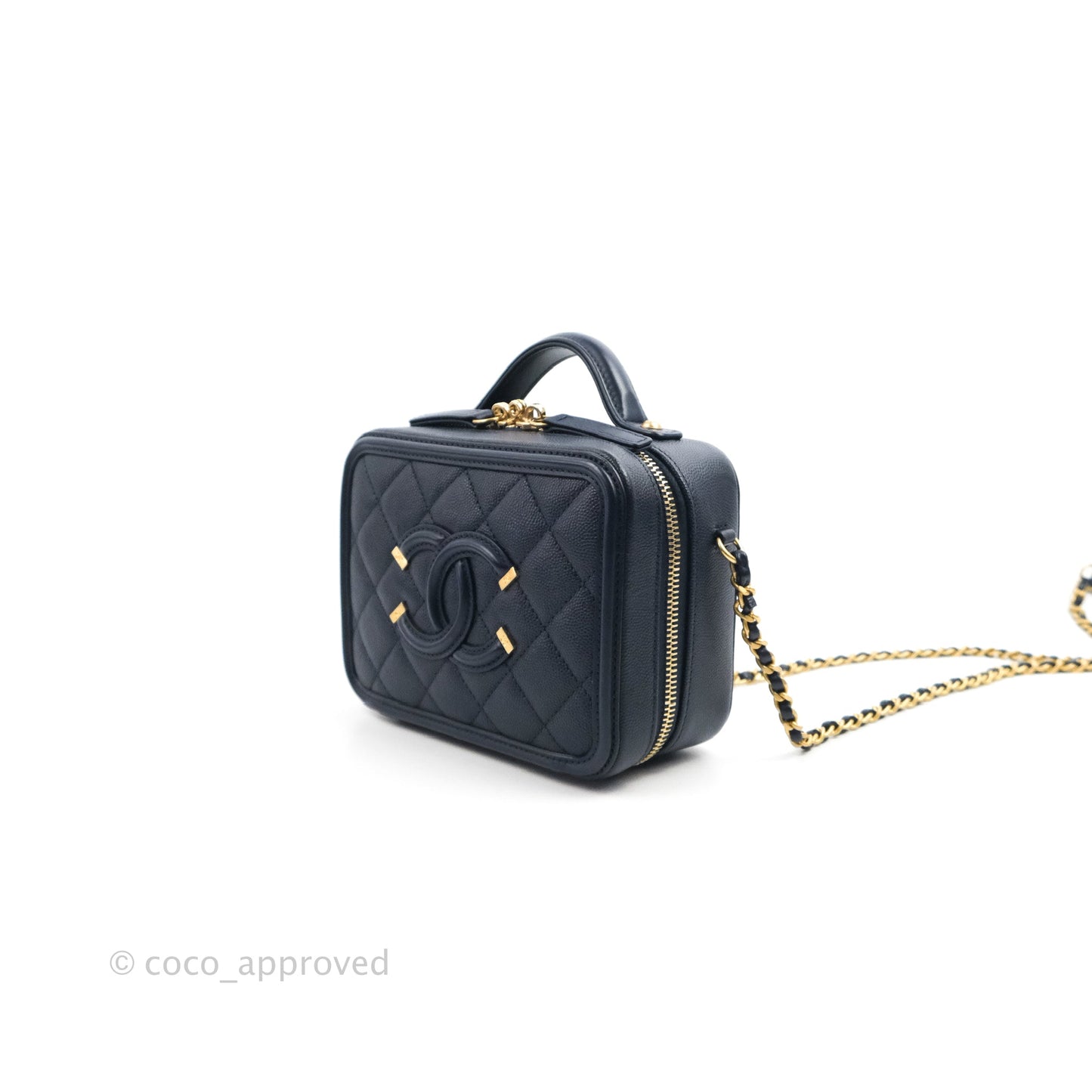 Chanel Quilted Small CC Filigree Vanity Case Navy Caviar Gold Hardware