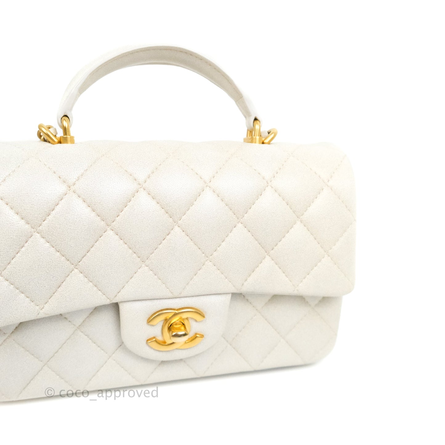 Chanel Top Handle Mini Rectangular Flap Bag Iridescent White Lambskin Aged Gold Hardware