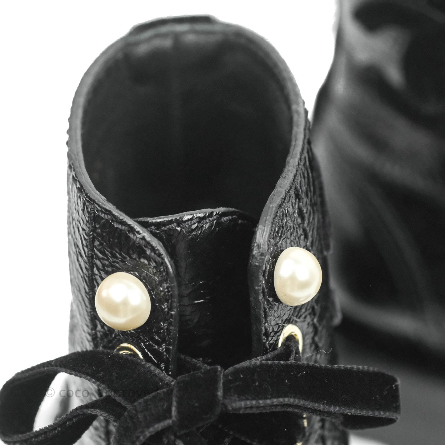 Chanel CC Pearl Crumpled Glazed Black Calfskin Combat Boots with Velvet Laces
