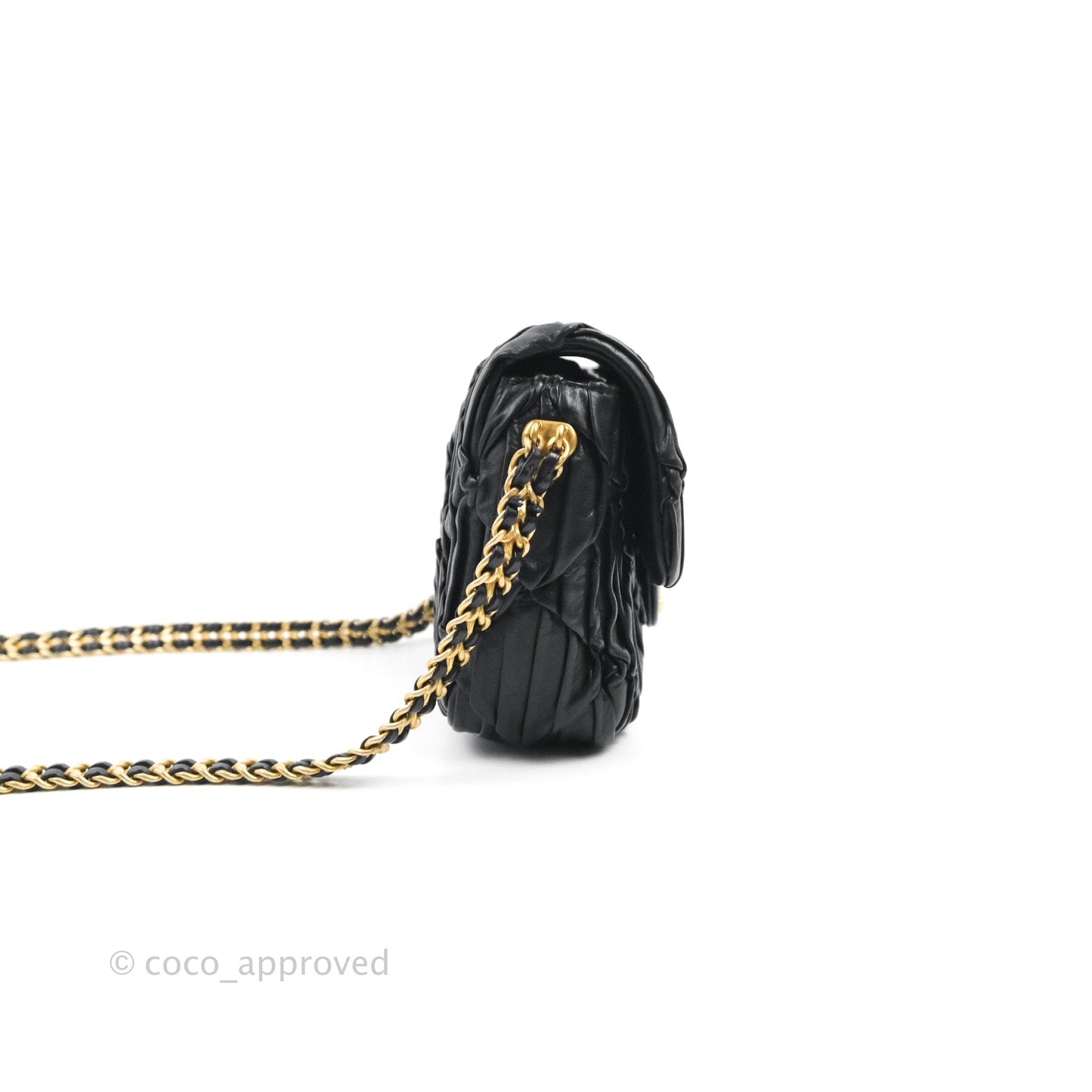 Chanel Small Coin Charm Flap Velvet Strap Black Lambskin Aged Gold Hardware
