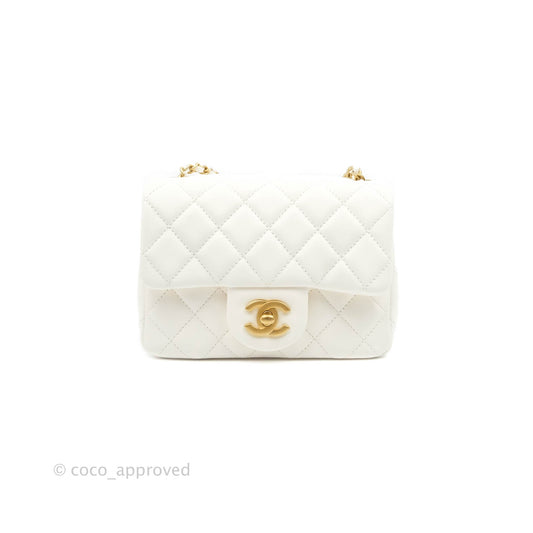 Chanel Mini Square Pearl Crush Quilted White Lambskin Gold Hardware