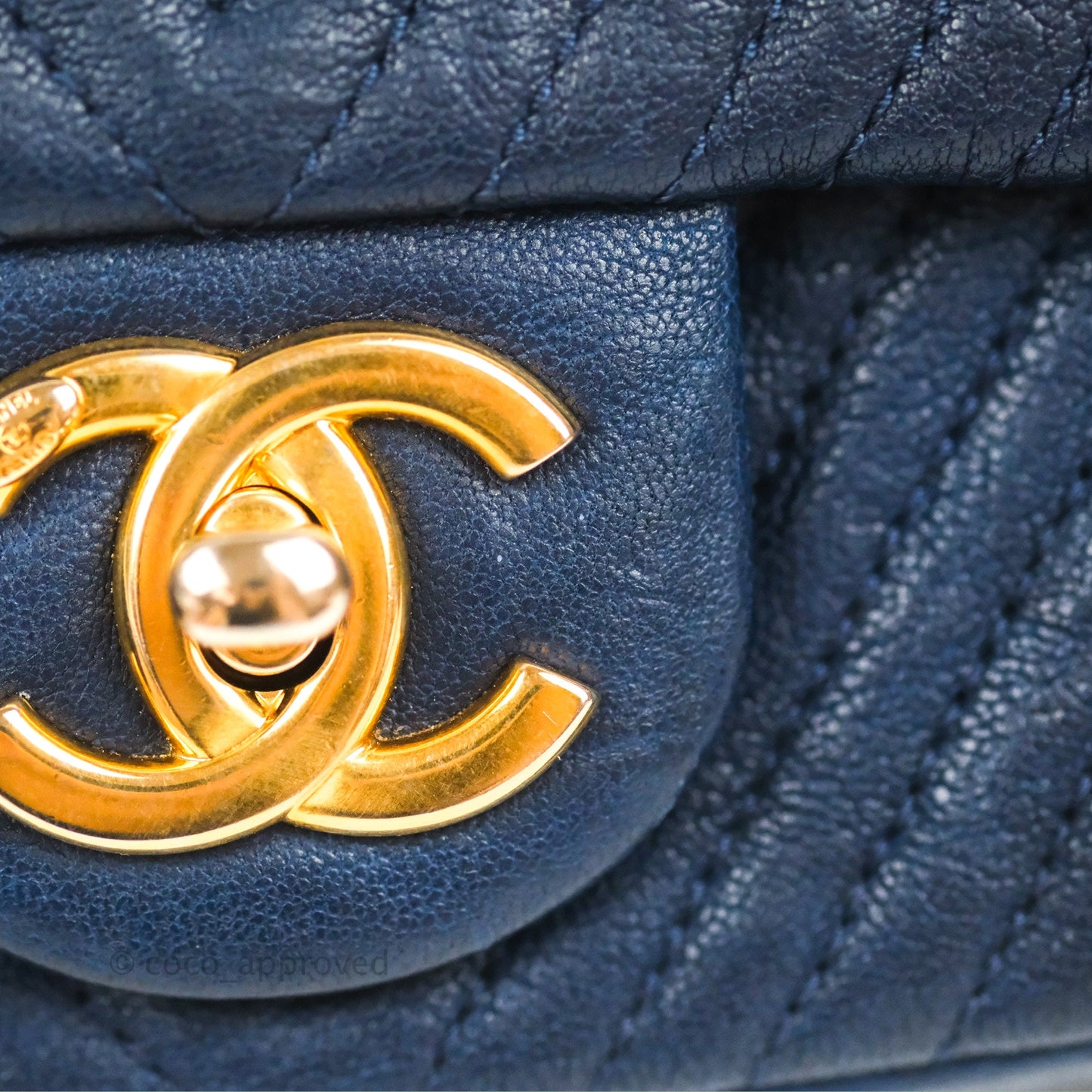 Chanel Small Chevron Surpique Flap Navy Calfskin Aged Gold Hardware