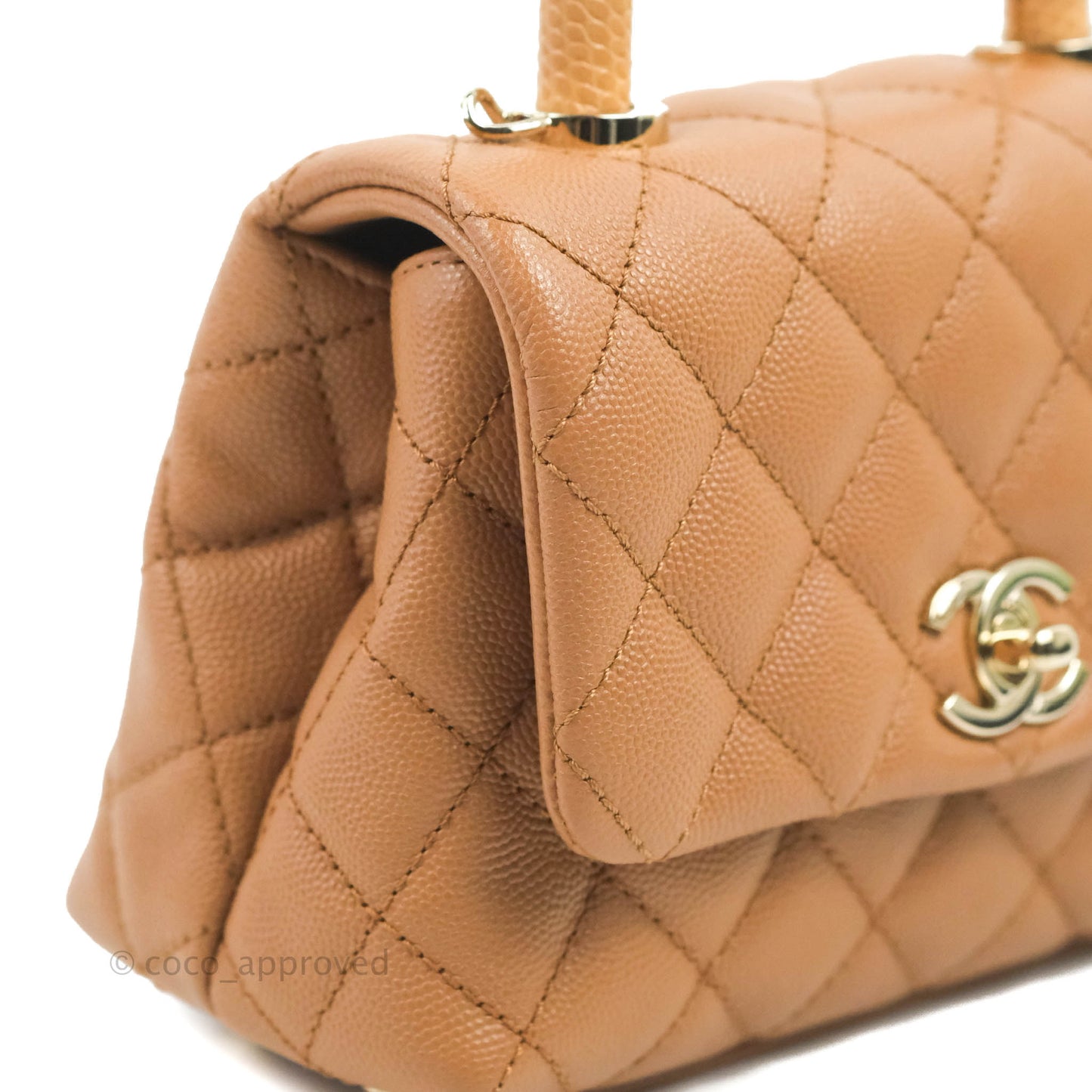 Chanel Mini Coco Handle Quilted Dark Beige Caramel Caviar Lizard Embossed Handle Gold Hardware