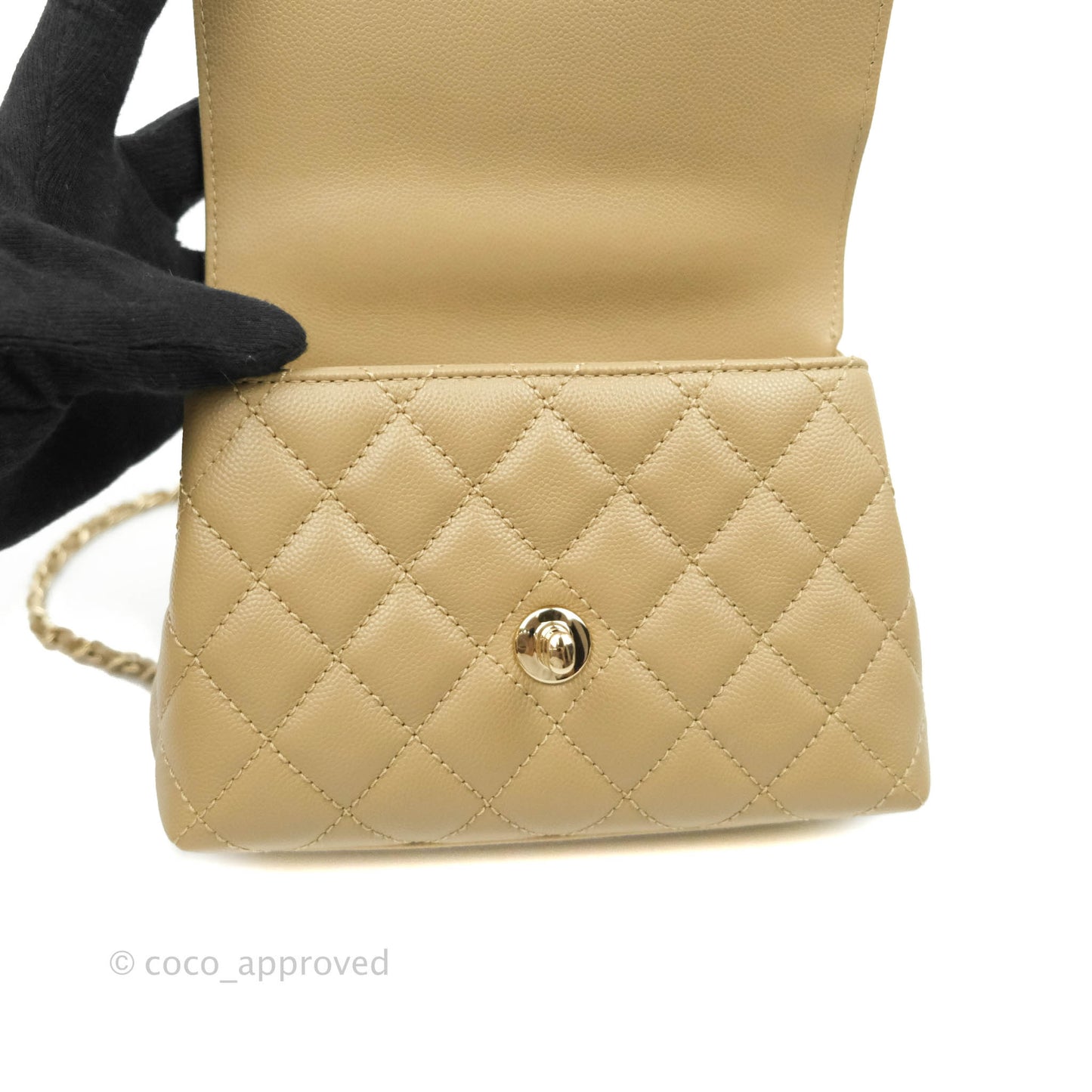 Chanel Mini Beige Coco Handle Quilted Caviar Gold Hardware Embossed Lizard Handle 21A