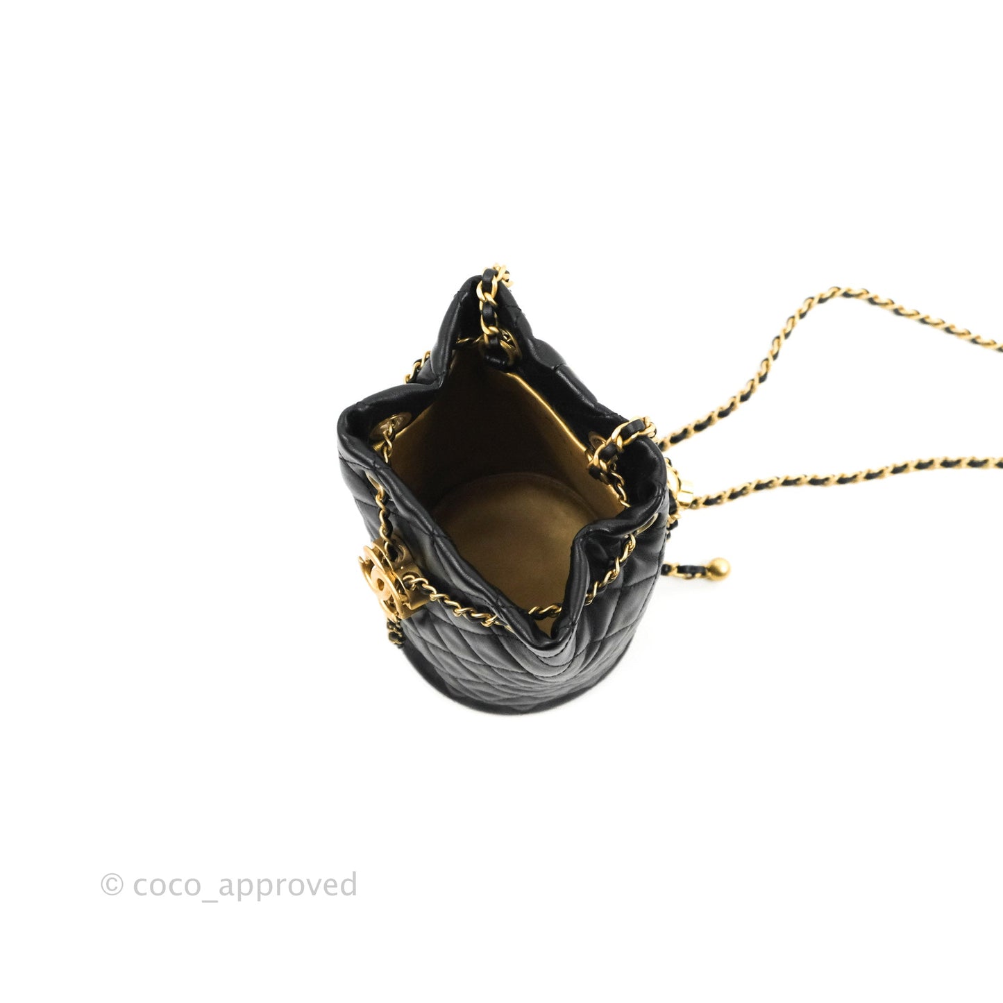 Chanel Pearl Crush Bucket Bag Black Lambskin Aged Gold Hardware 22S