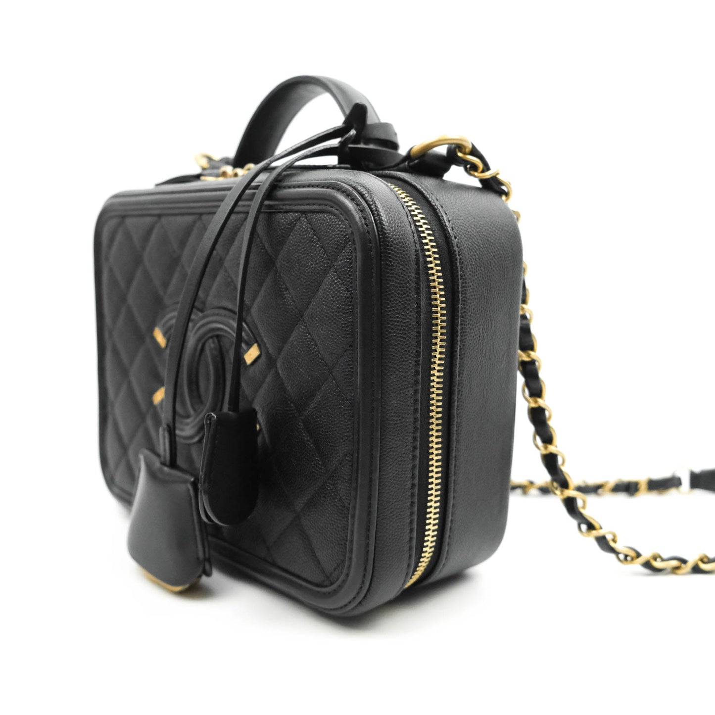 Chanel Quilted Medium CC Filigree Vanity Case Black Caviar Gold Hardware