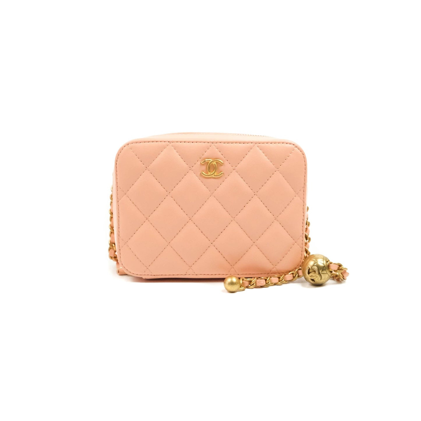 Chanel Mini Pearl Crush Quilted Camera Case Beige Pink Lambskin Aged Gold Hardware