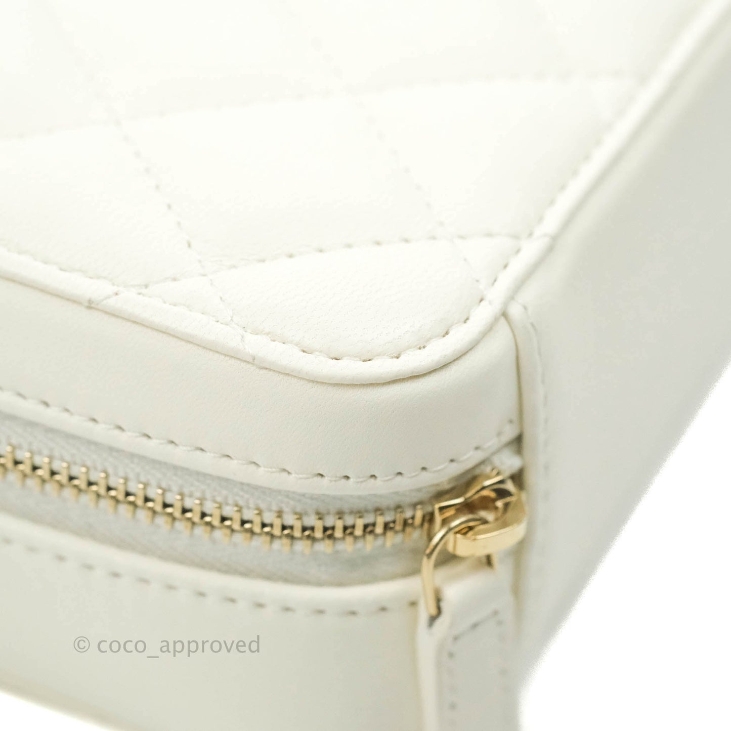 Chanel Mini Pearl Crush Quilted Camera Case White Lambskin Aged Gold Hardware