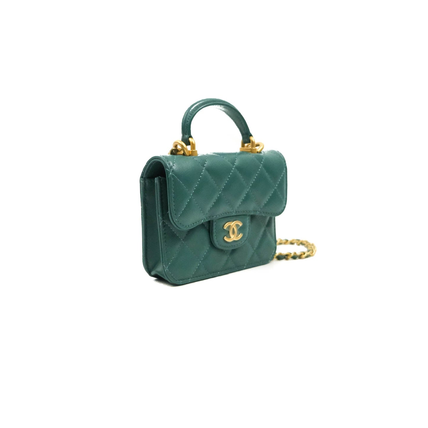 Chanel Mini Handle Flap Coin Purse With Chain Green Lambskin Gold Hardware