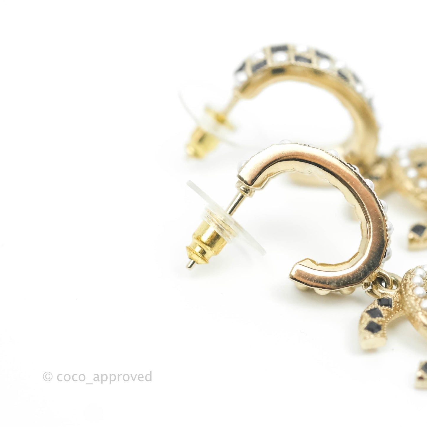 Chanel Crystal Black Resin Drop CC Hoop Earrings Gold Tone 21A