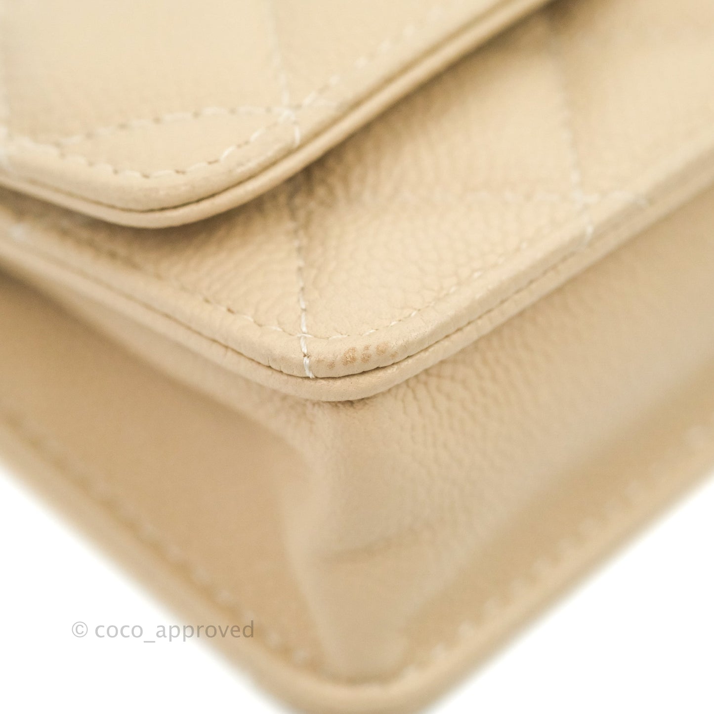 Chanel Quilted Card Holder with CC Chain Beige Caviar Gold Hardware