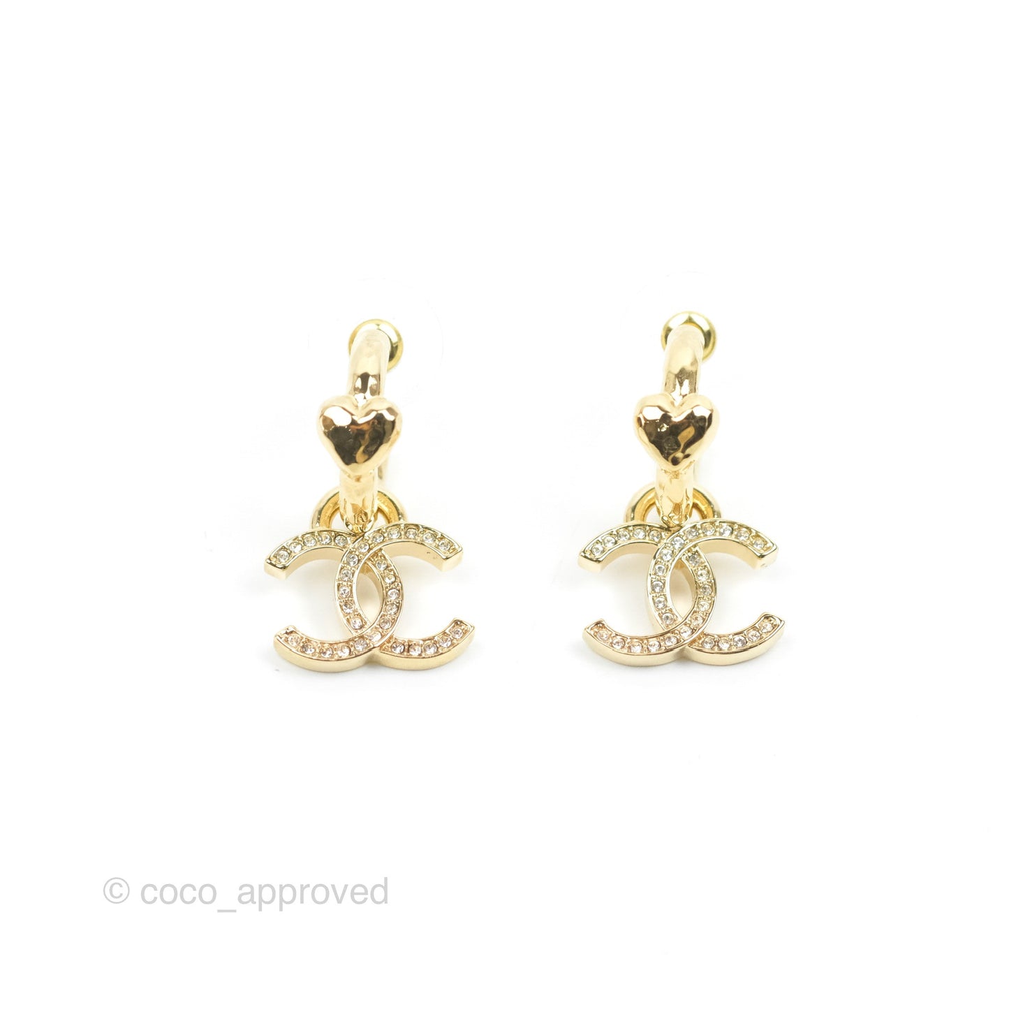 Chanel Heart Crystal CC Drop Hoop Earrings Gold Tone 23P