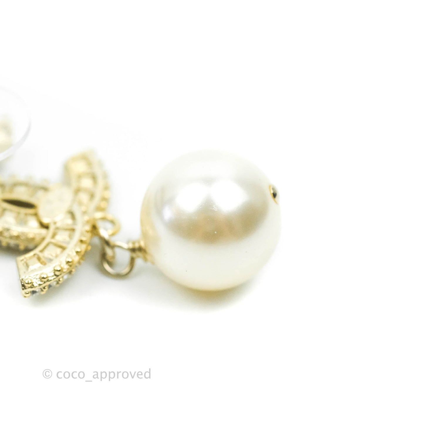 Chanel CC Rhinestone Pearl Drop Earrings Gold Tone