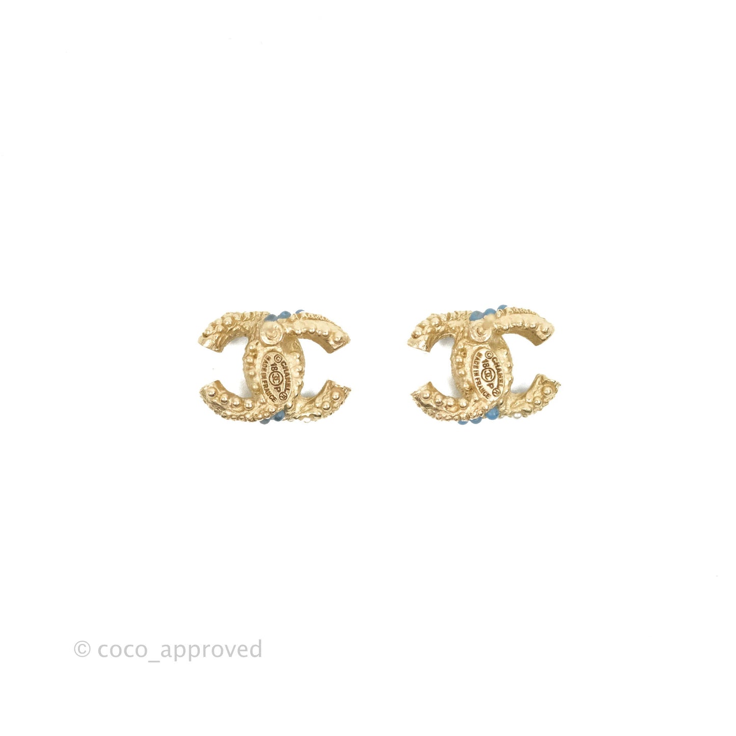 Chanel CC Pearl Blue Resin Earrings Gold Tone 18P