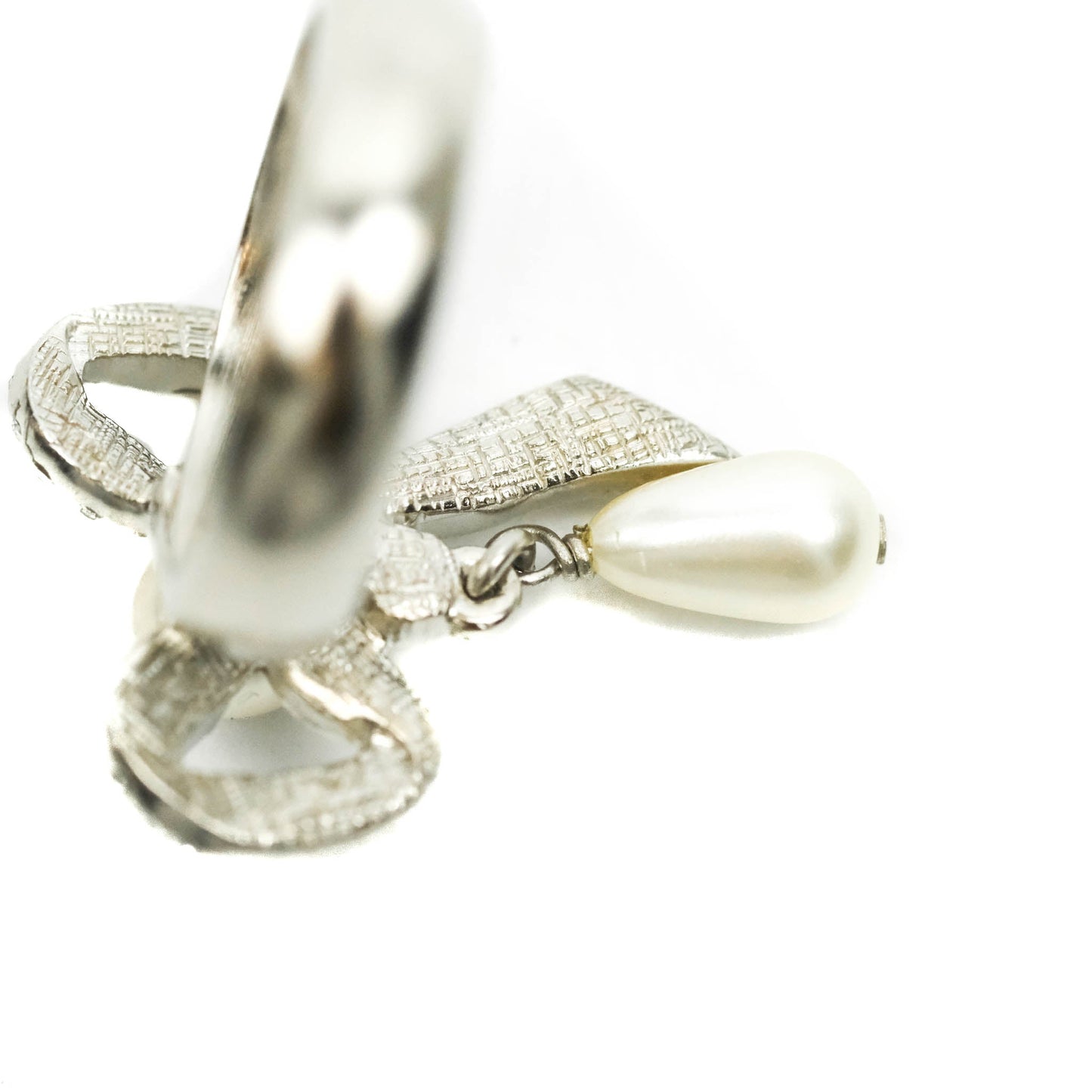 Chanel CC Crystal Bow Knot Drop Tear Pearl Ring Silver Tone 20A