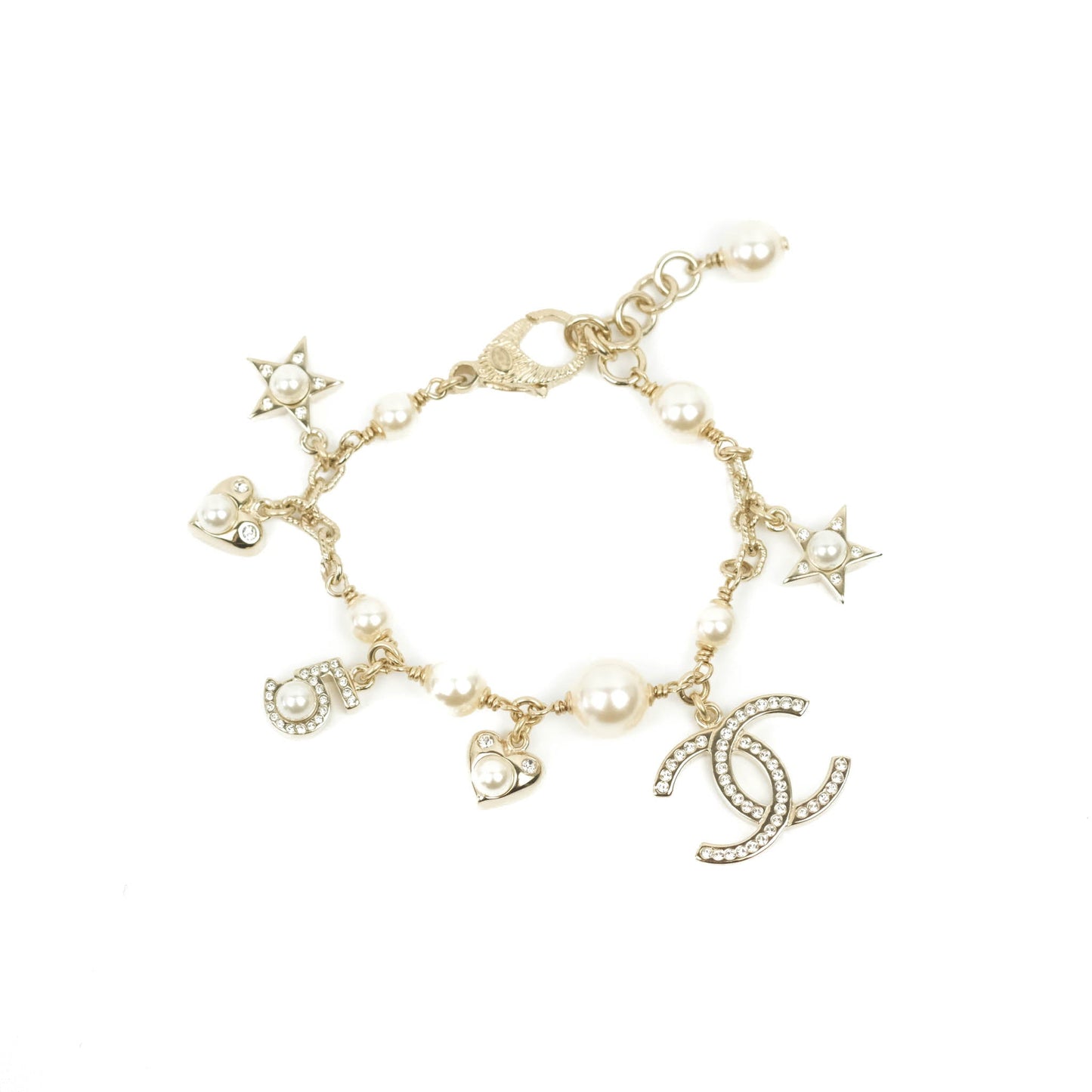 Chanel CC Crystal Pearl Charm Bracelet Gold Tone 20V