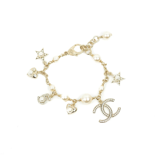Chanel CC Crystal Pearl Charm Bracelet Gold Tone 20V