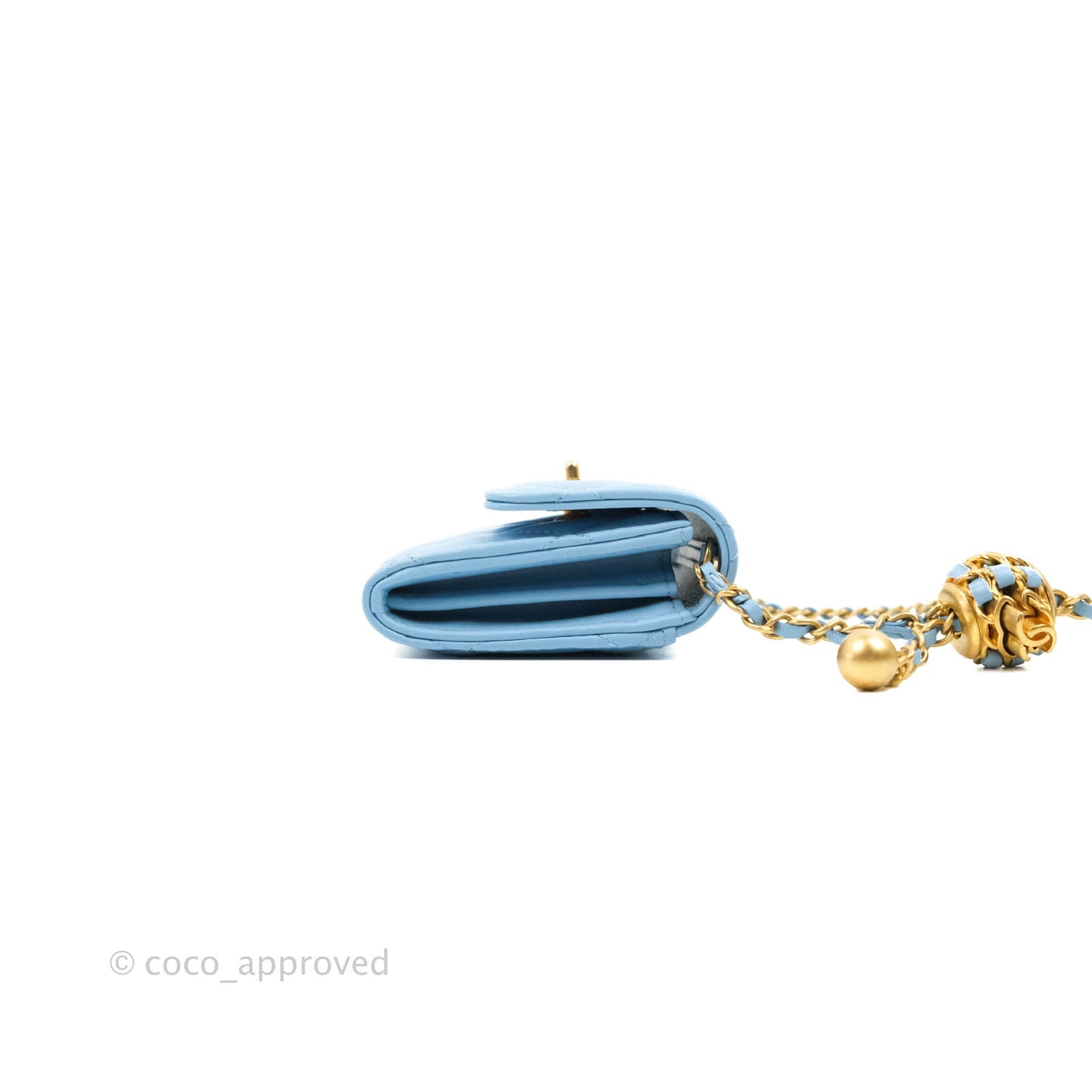 Chanel Pearl Crush Mini Clutch With Chain Blue Lambskin Aged Gold Hardware