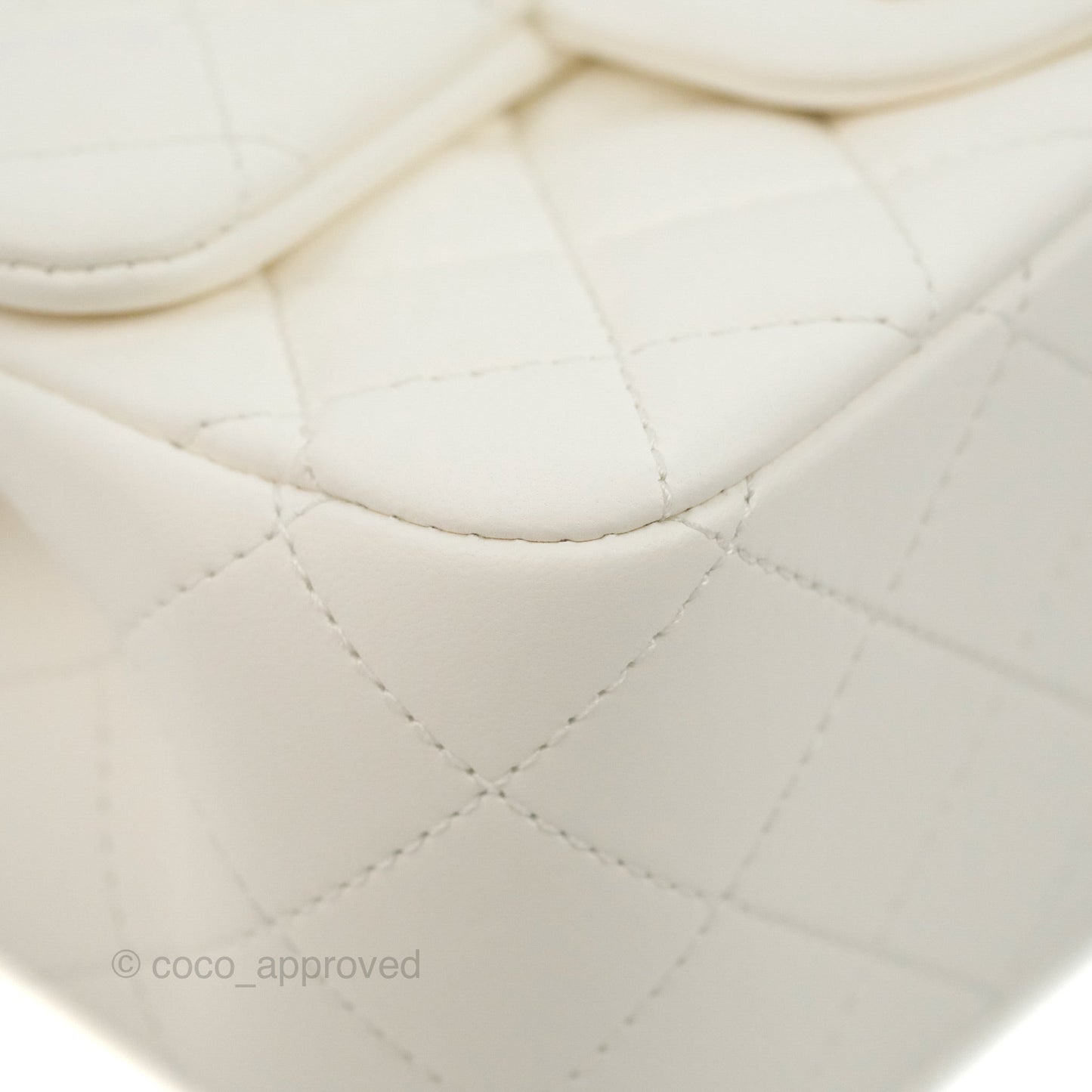 Chanel Mini Square Pearl Crush Quilted White Lambskin Aged Gold Hardware