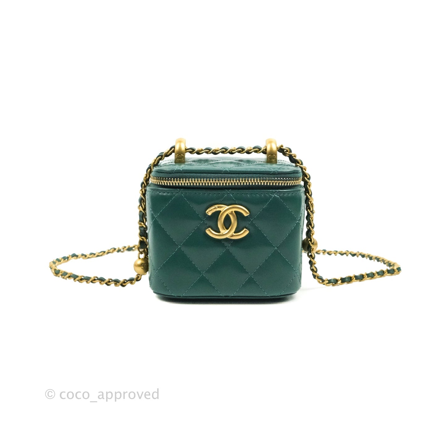 Chanel Quilted Mini Perfect Fit Vanity With Chain Calfskin Pine Green Aged Gold Hardware
