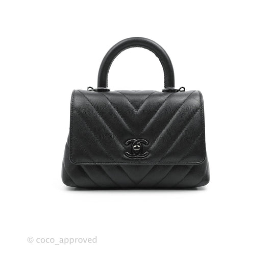 Chanel Mini Chevron Coco Handle Bag So Black Caviar