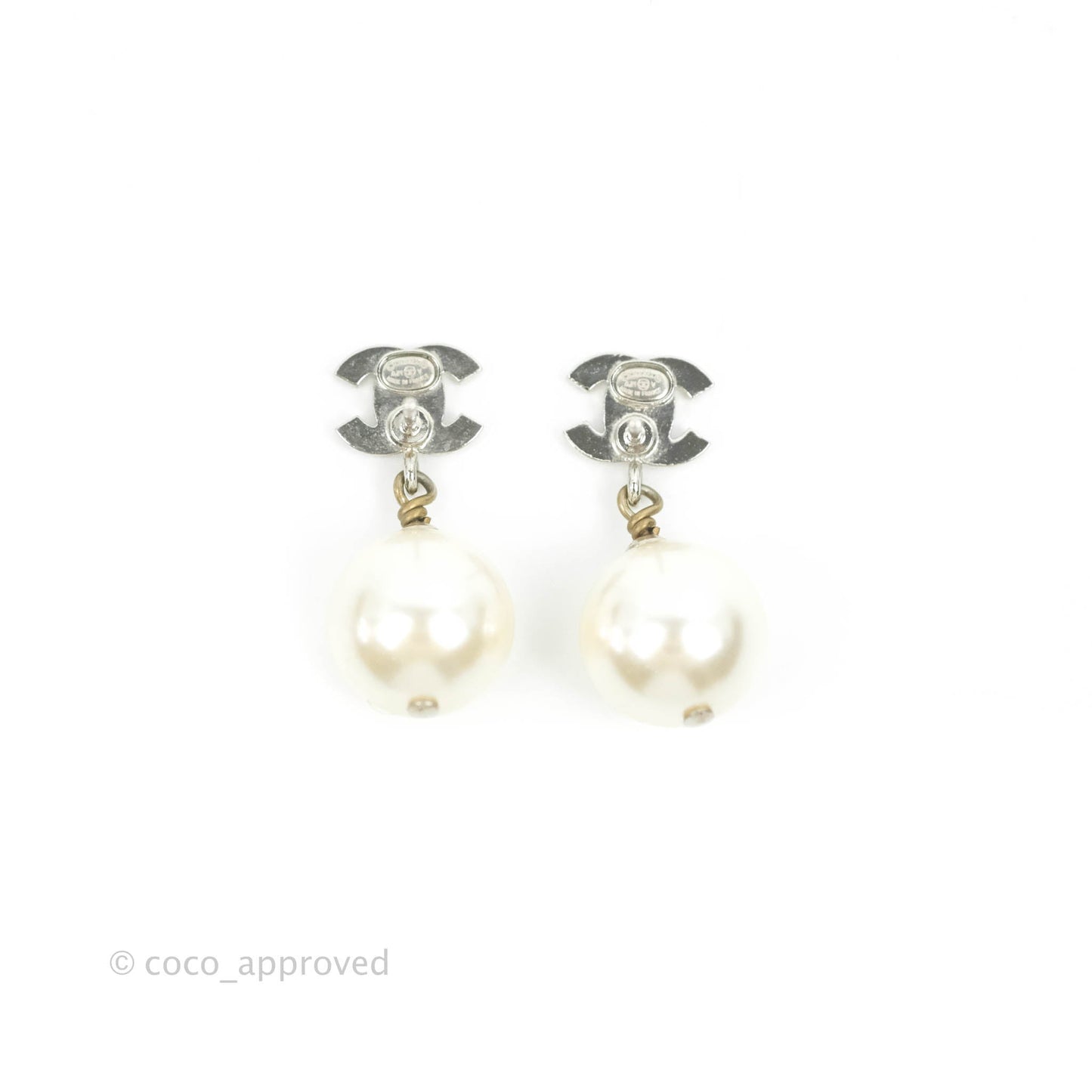 Chanel CC Rhinestone Pearl Drop Earrings Silver Tone